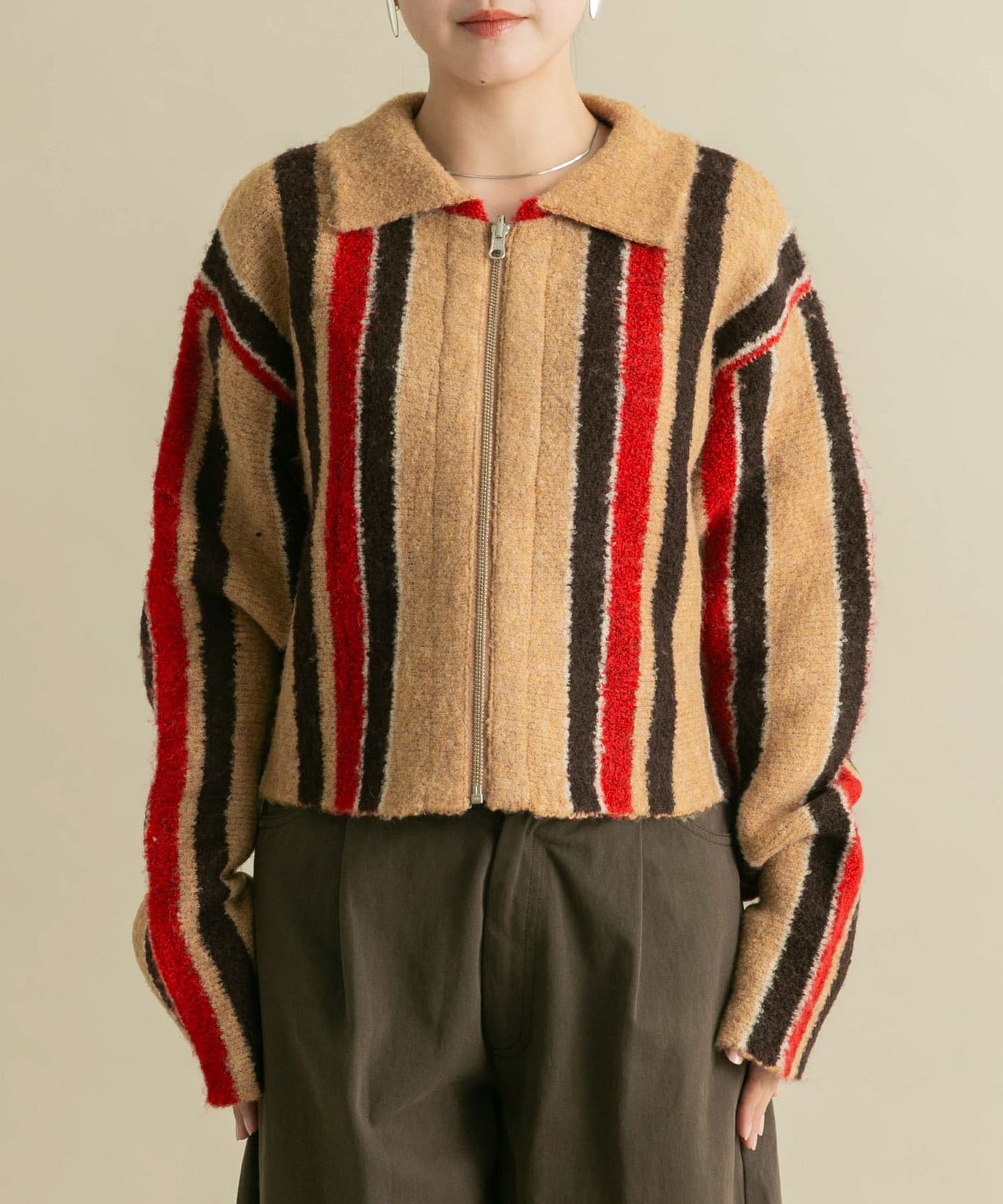 front zip striped cardigan (beige) *JP