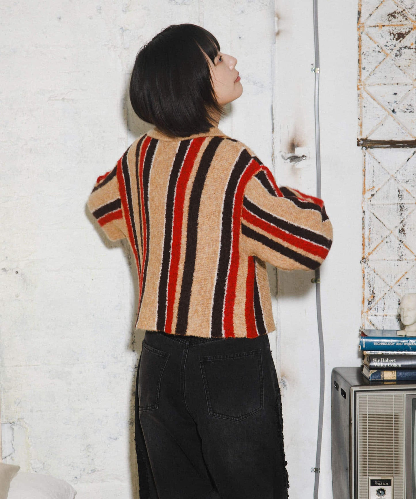 front zip striped cardigan (beige) *JP