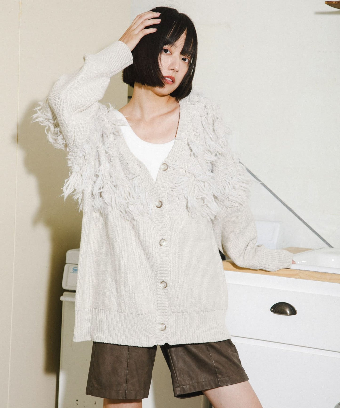 jacquard fringe cardigan (ivory) *JP