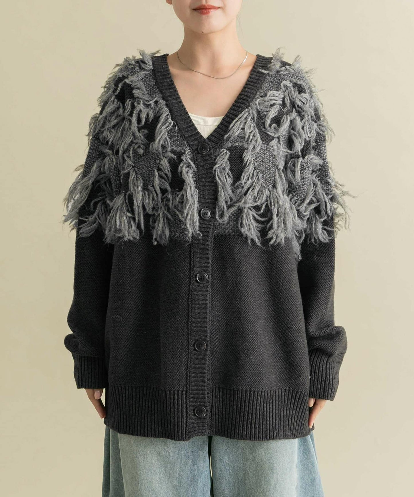 jacquard fringe cardigan (black) *JP