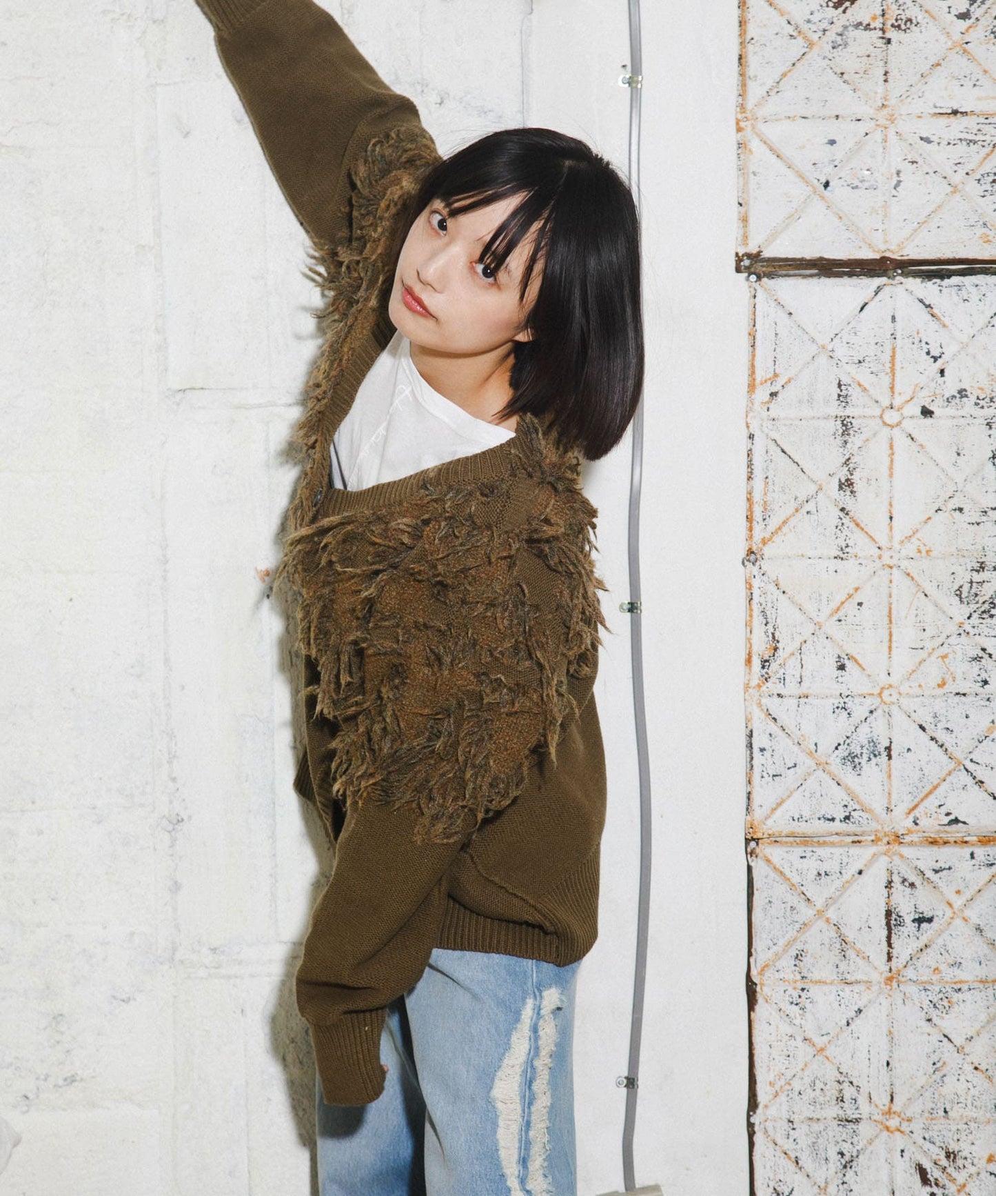 jacquard fringe cardigan (khaki) *JP