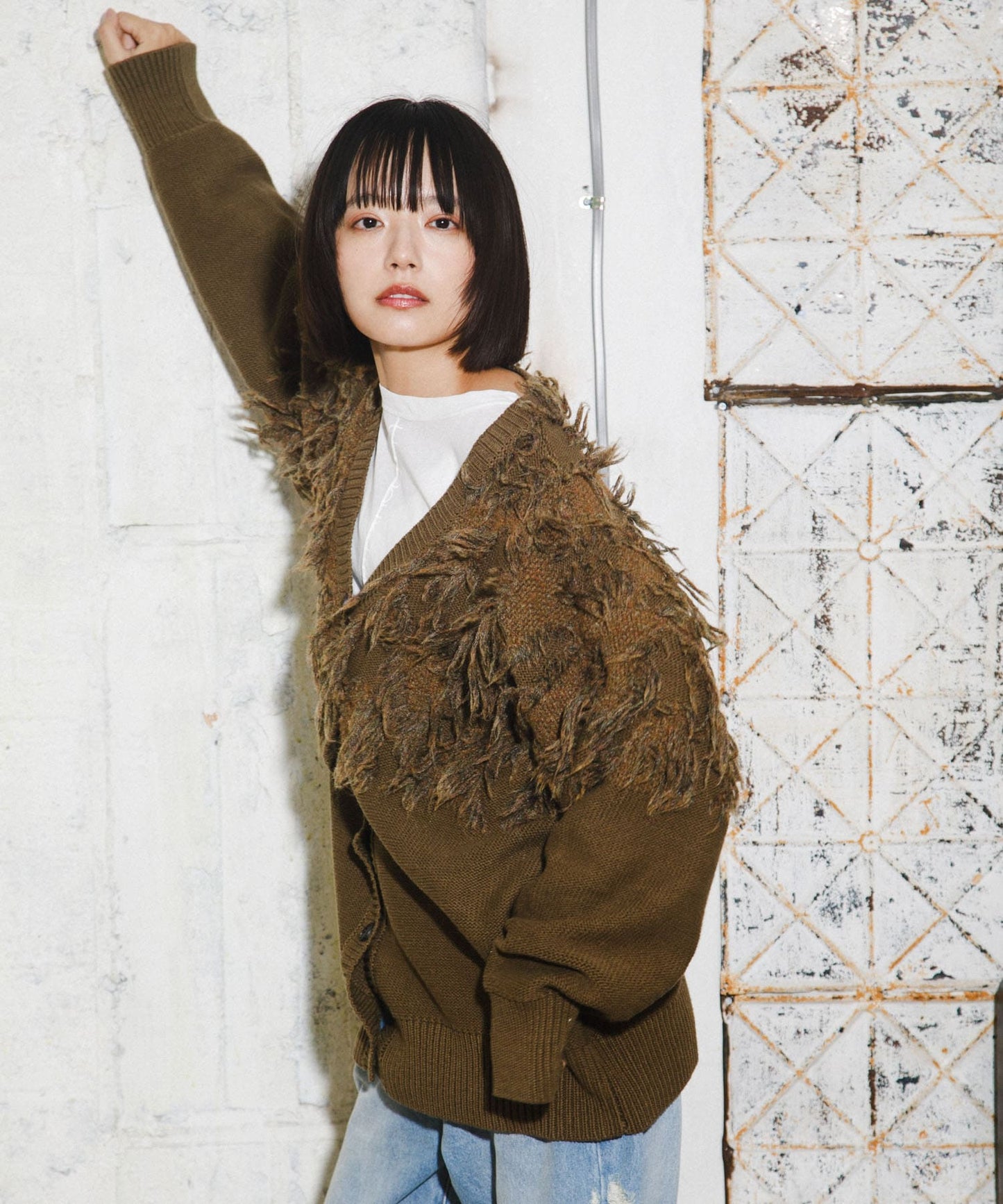 jacquard fringe cardigan (khaki) *JP