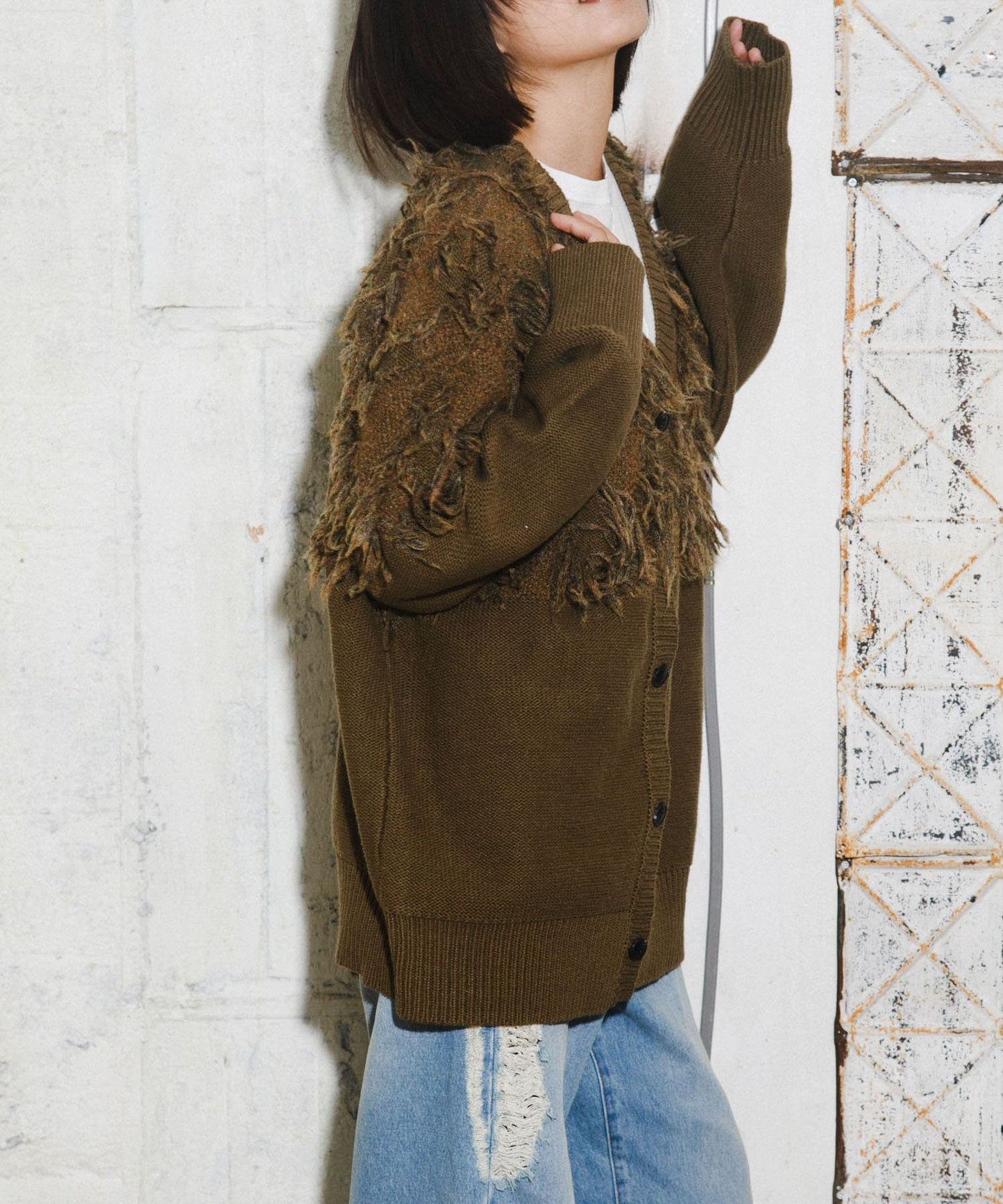 jacquard fringe cardigan (khaki) *JP