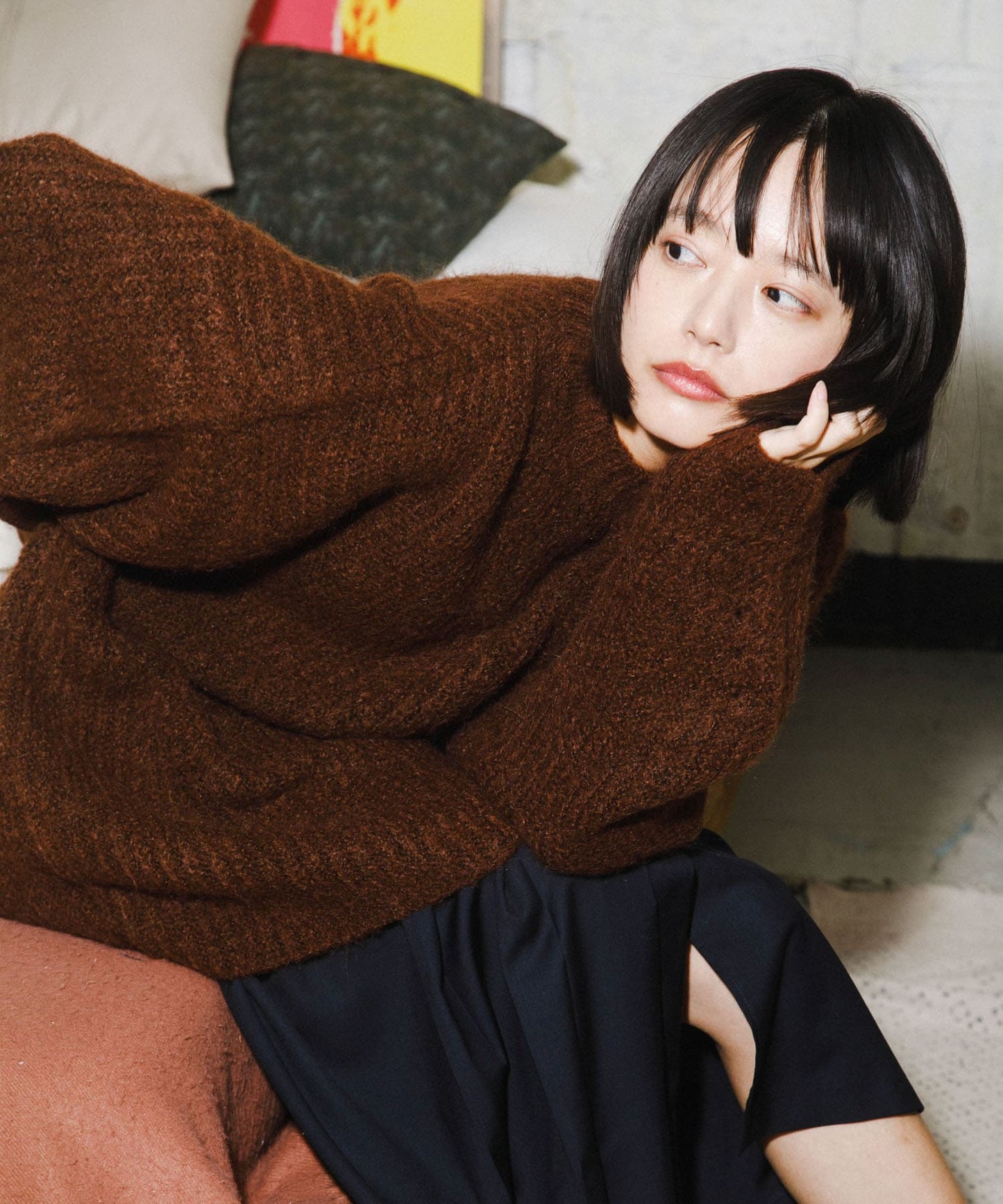 volume knit mini dress (brown) *JP