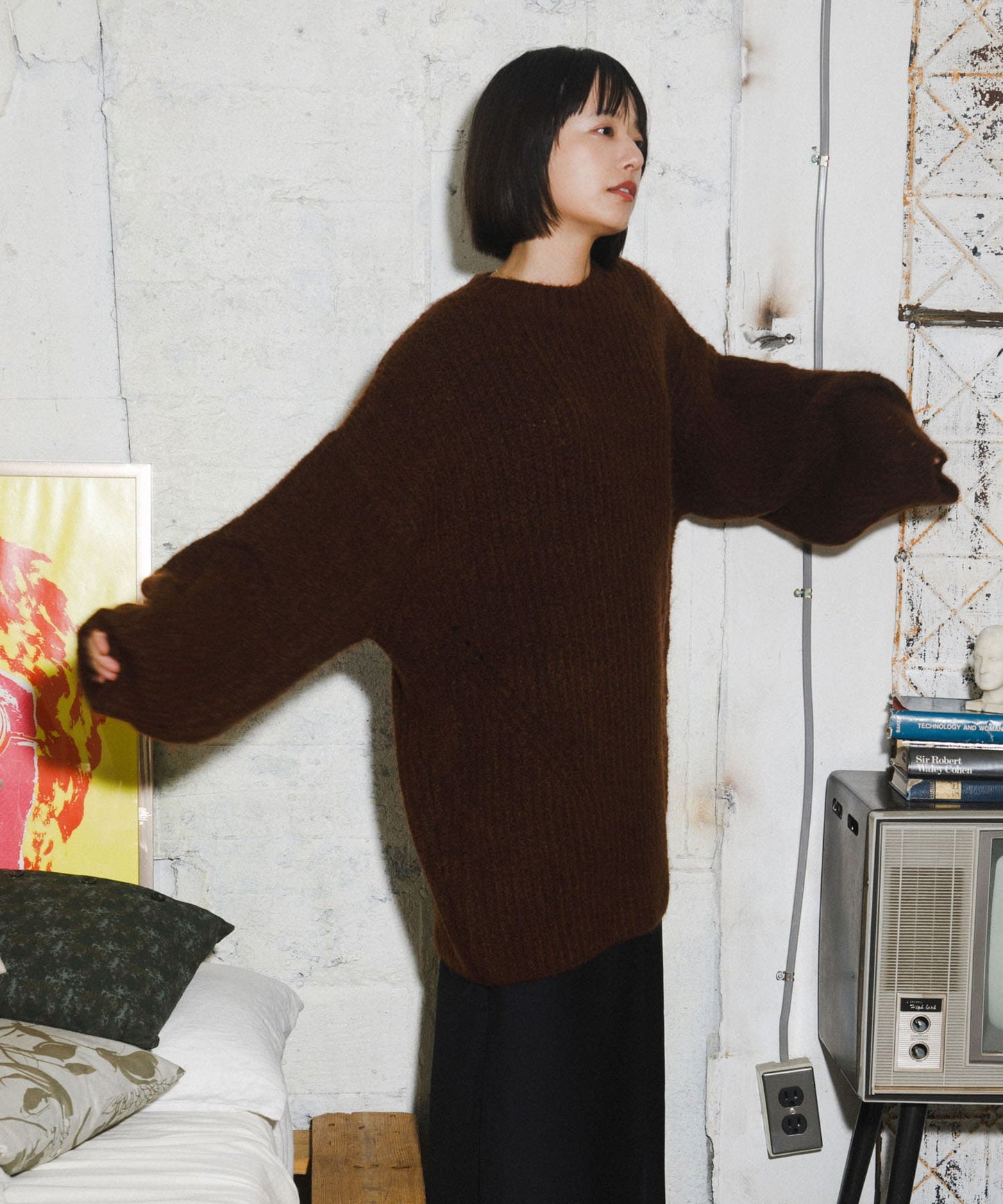 volume knit mini dress (brown) *JP