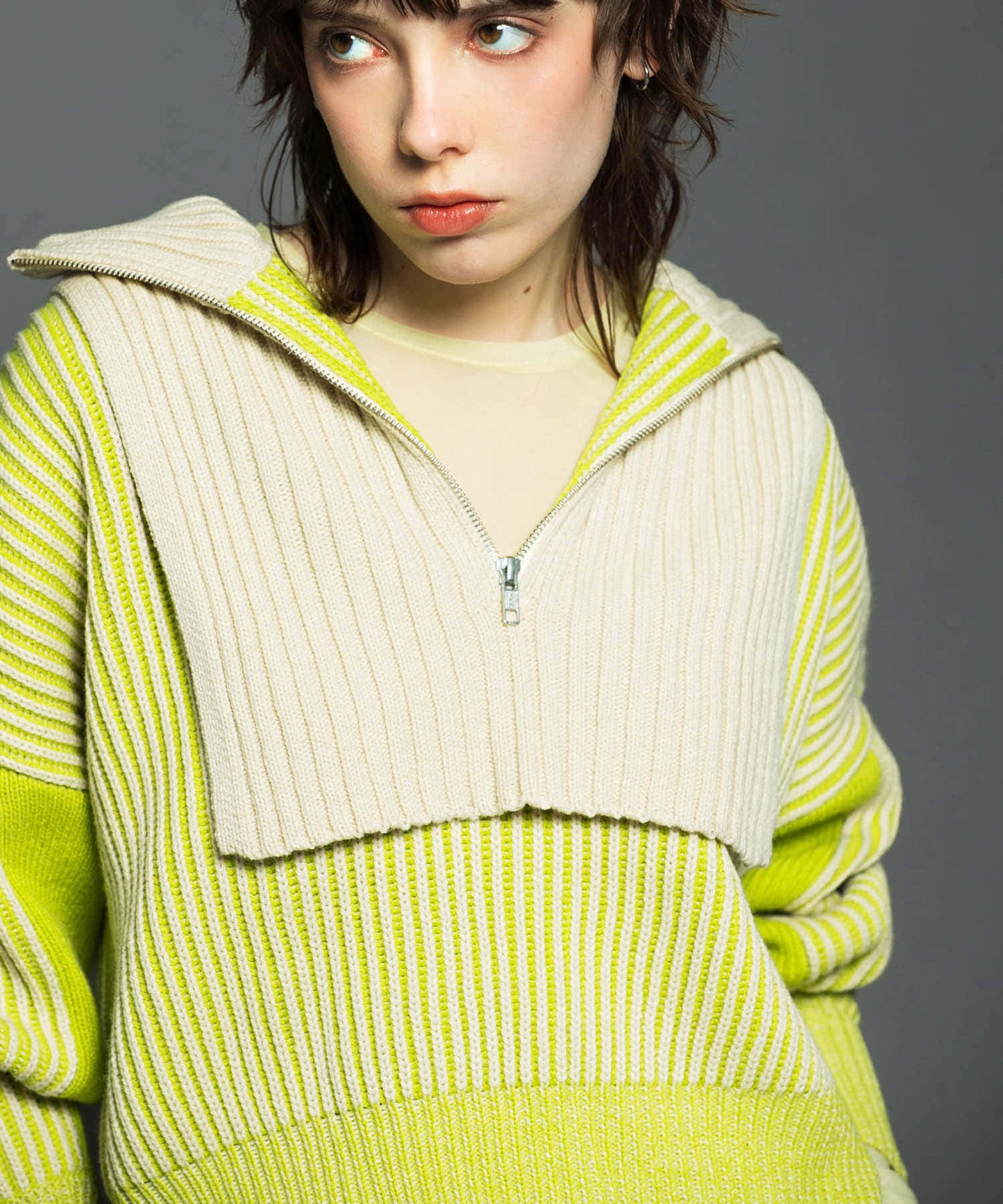 layered half zip knit (ivory x lime) *JP