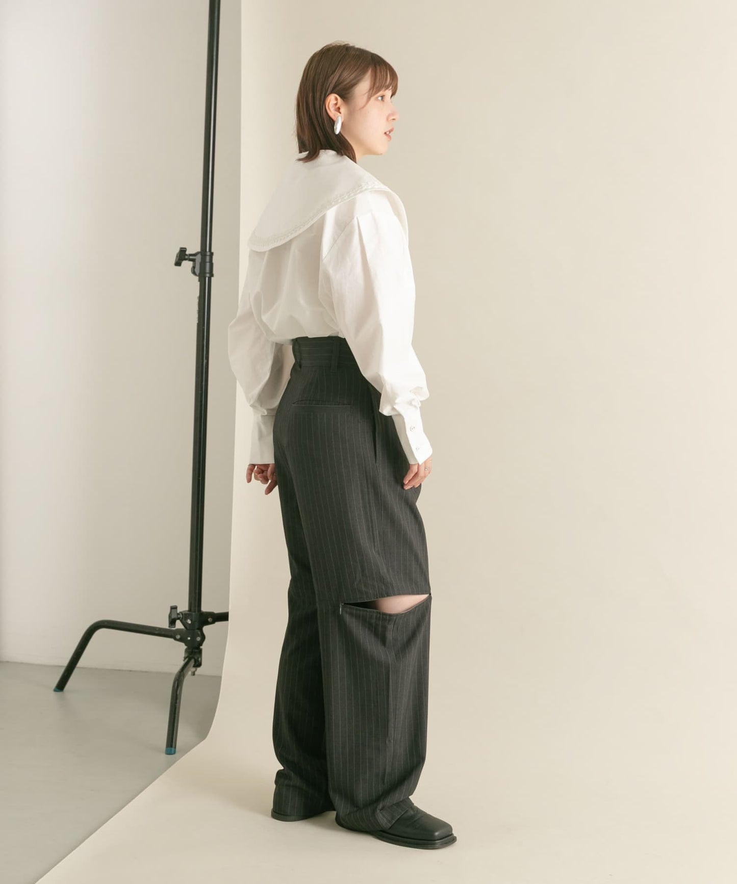 knee slit 2-way pants (gray striped) *JP