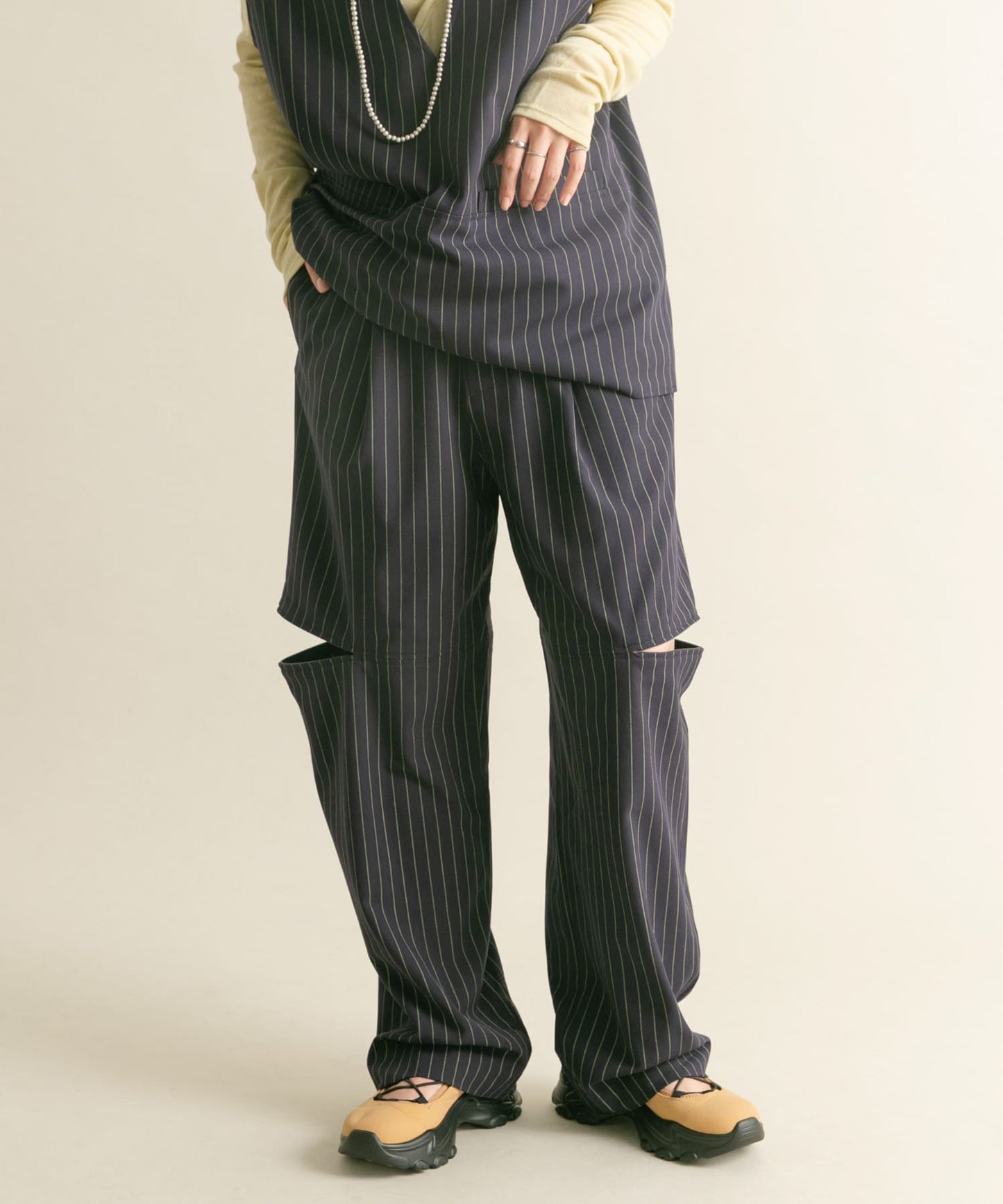 knee slit 2-way pants (navy striped) *JP