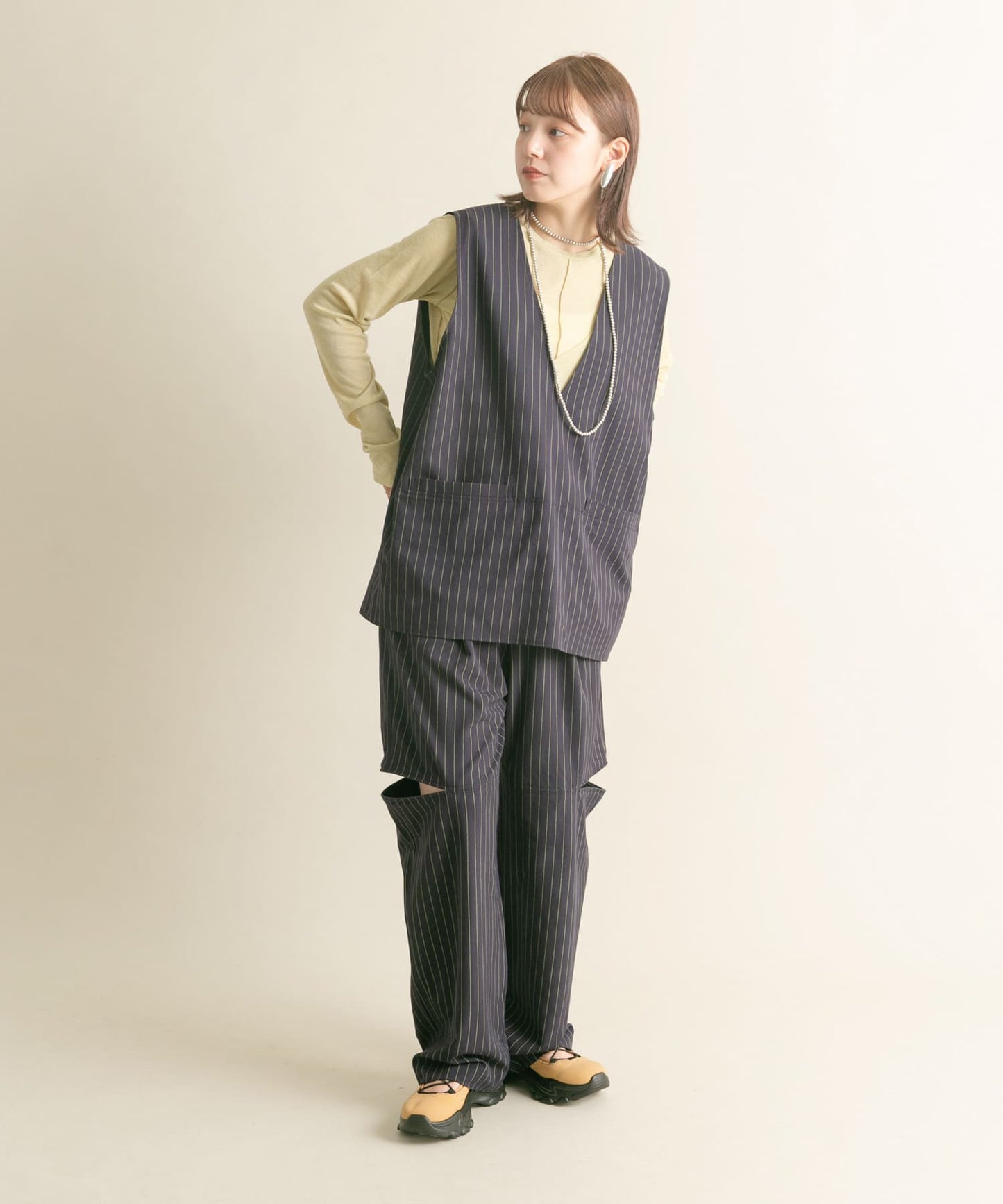 knee slit 2-way pants (navy striped) *JP