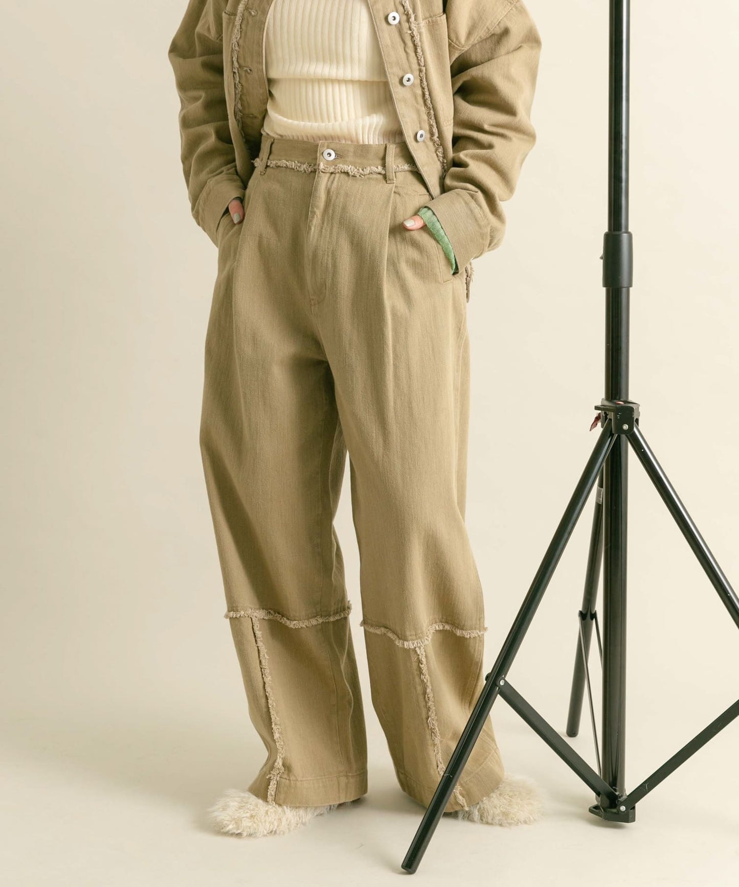 fringe straight pants (khaki) *JP