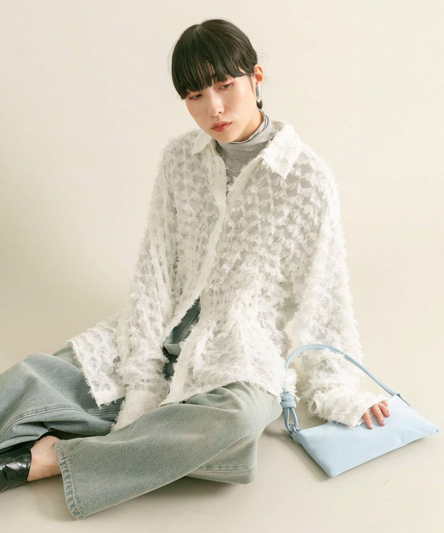 front Gathered Feather Shirt (white) *JP