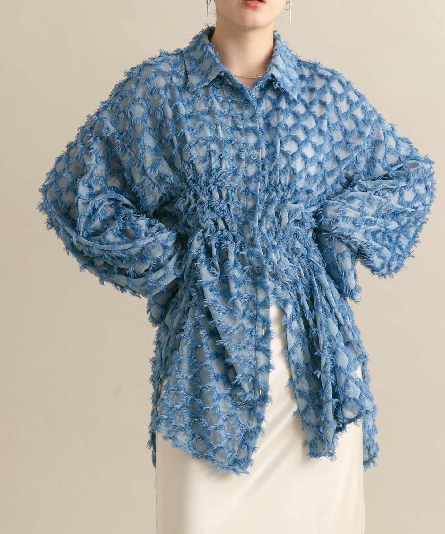 front Gathered Feather Shirt (blue) *JP