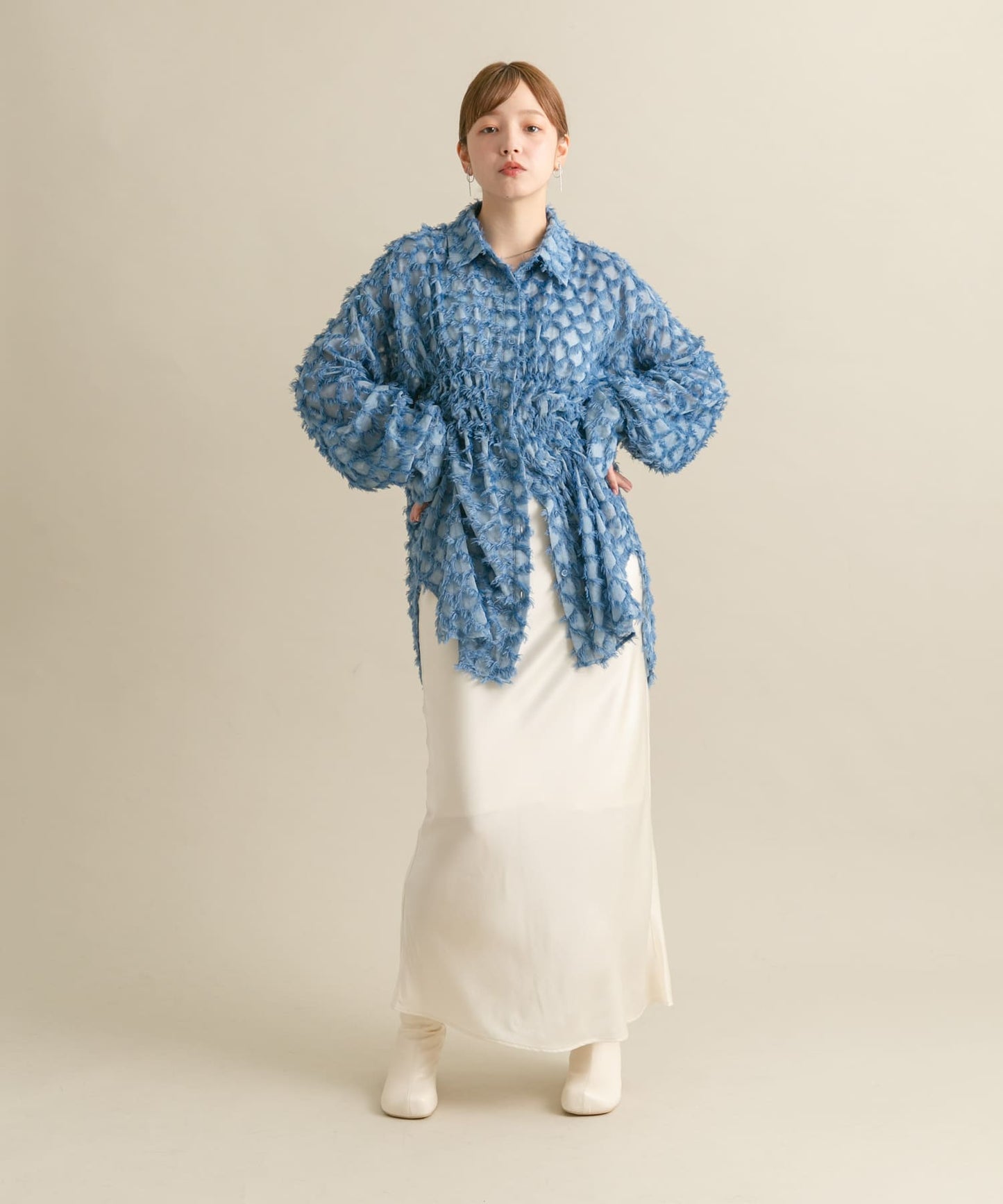 front Gathered Feather Shirt (blue) *JP