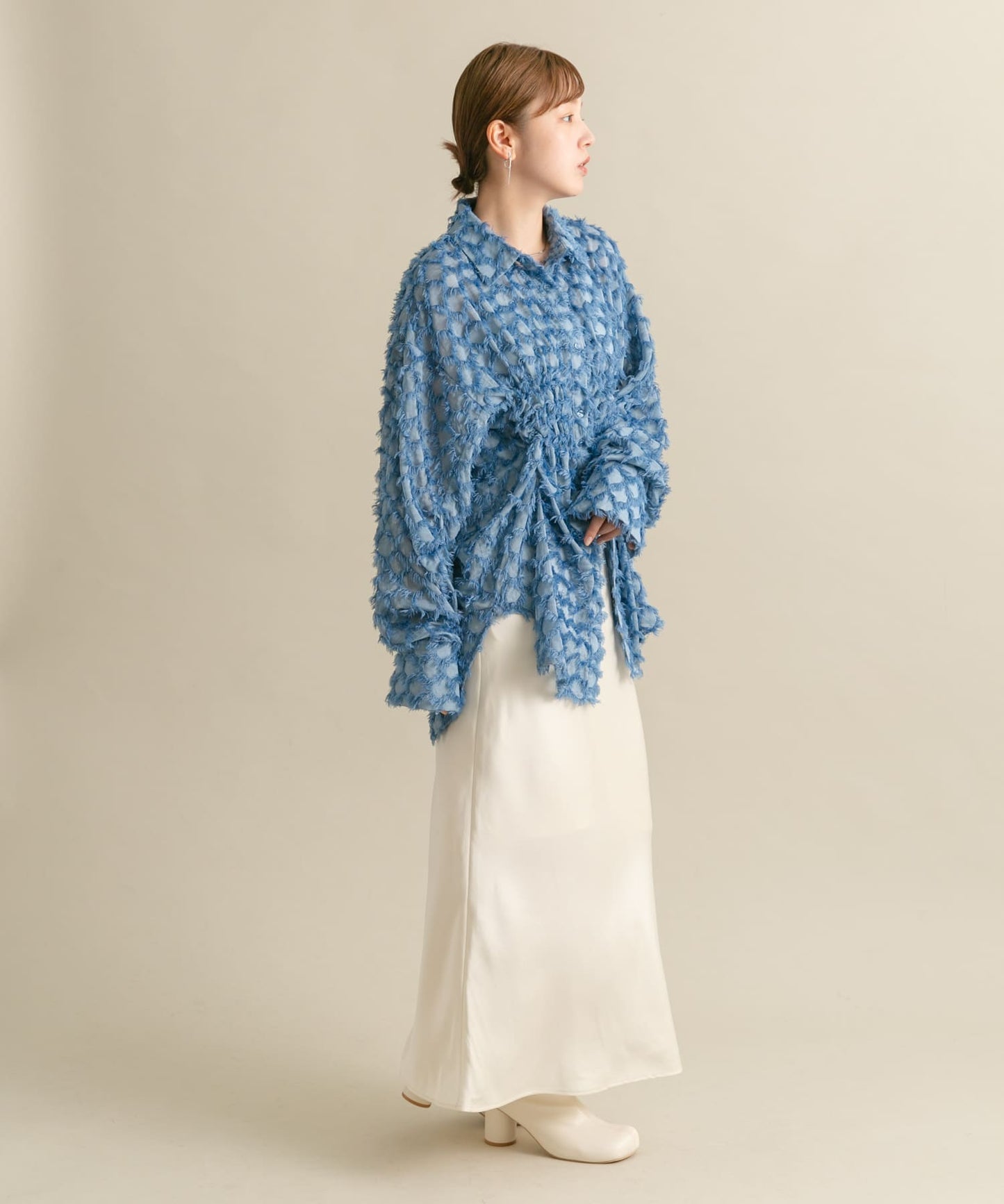 front Gathered Feather Shirt (blue) *JP