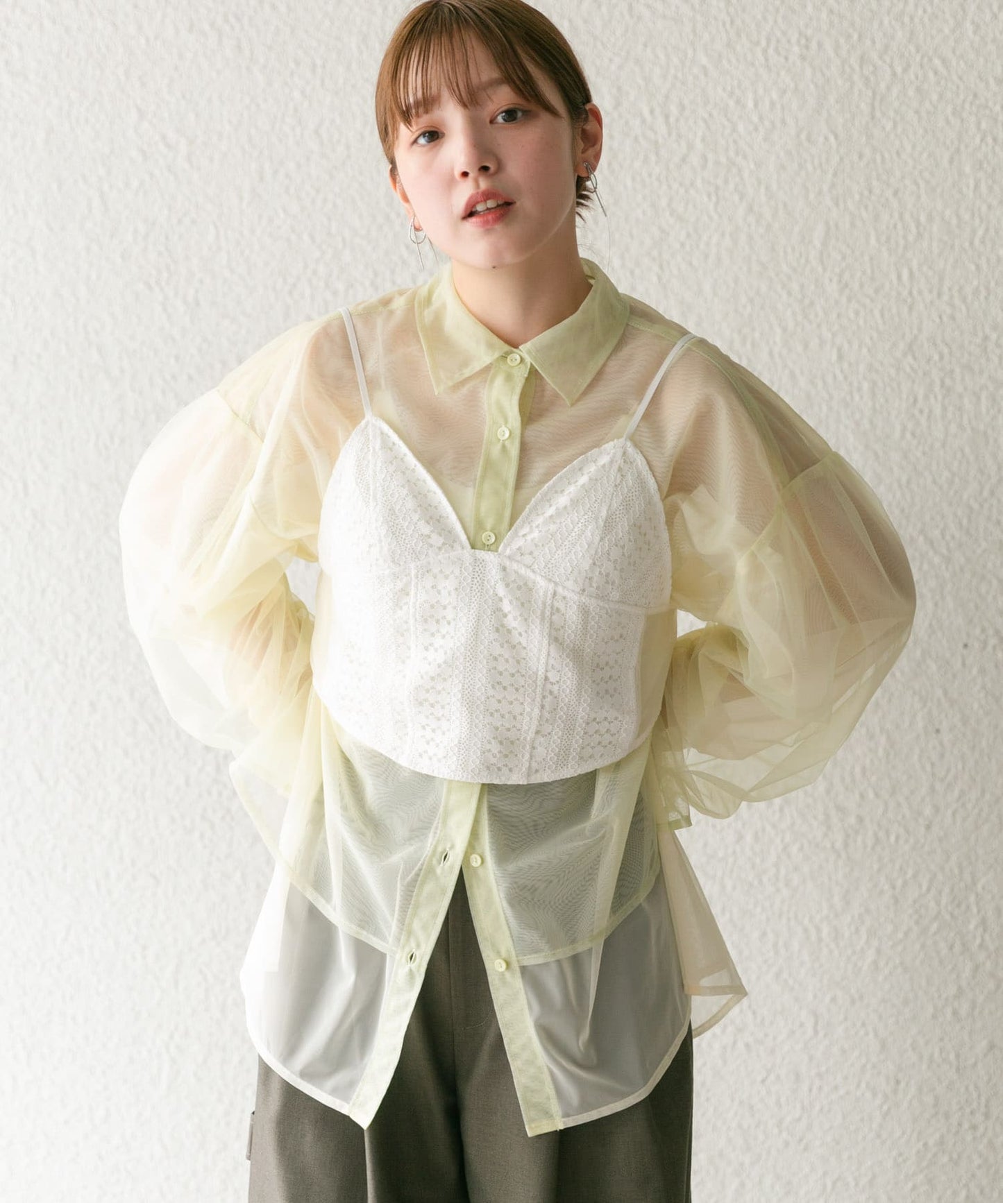 layered sheer shirt (light green x ivory) *JP