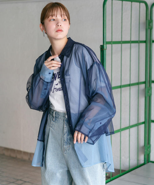 layered sheer shirt (navy x blue) *JP