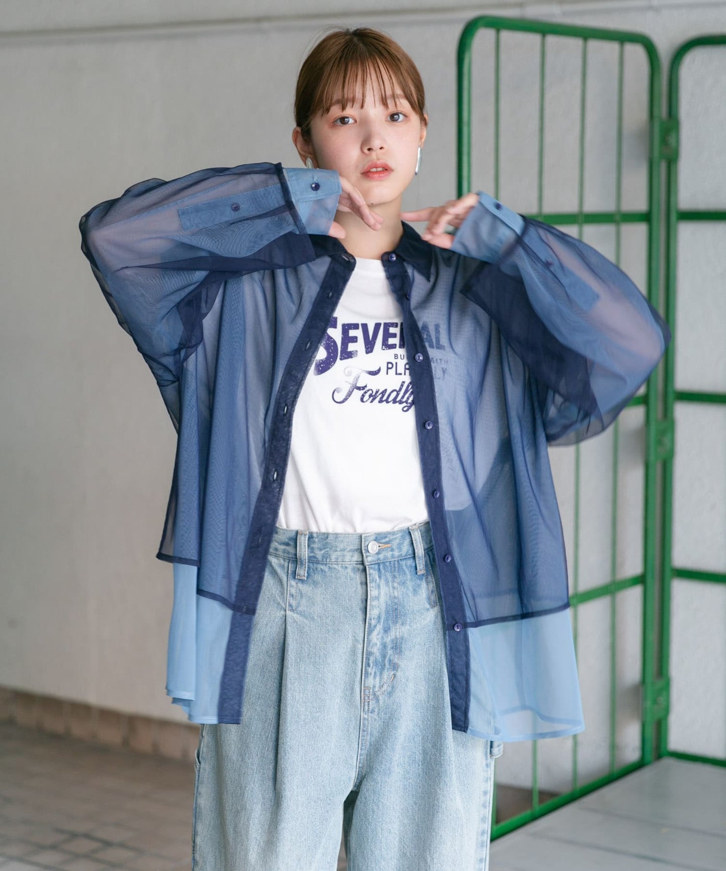 layered sheer shirt (navy x blue) *JP