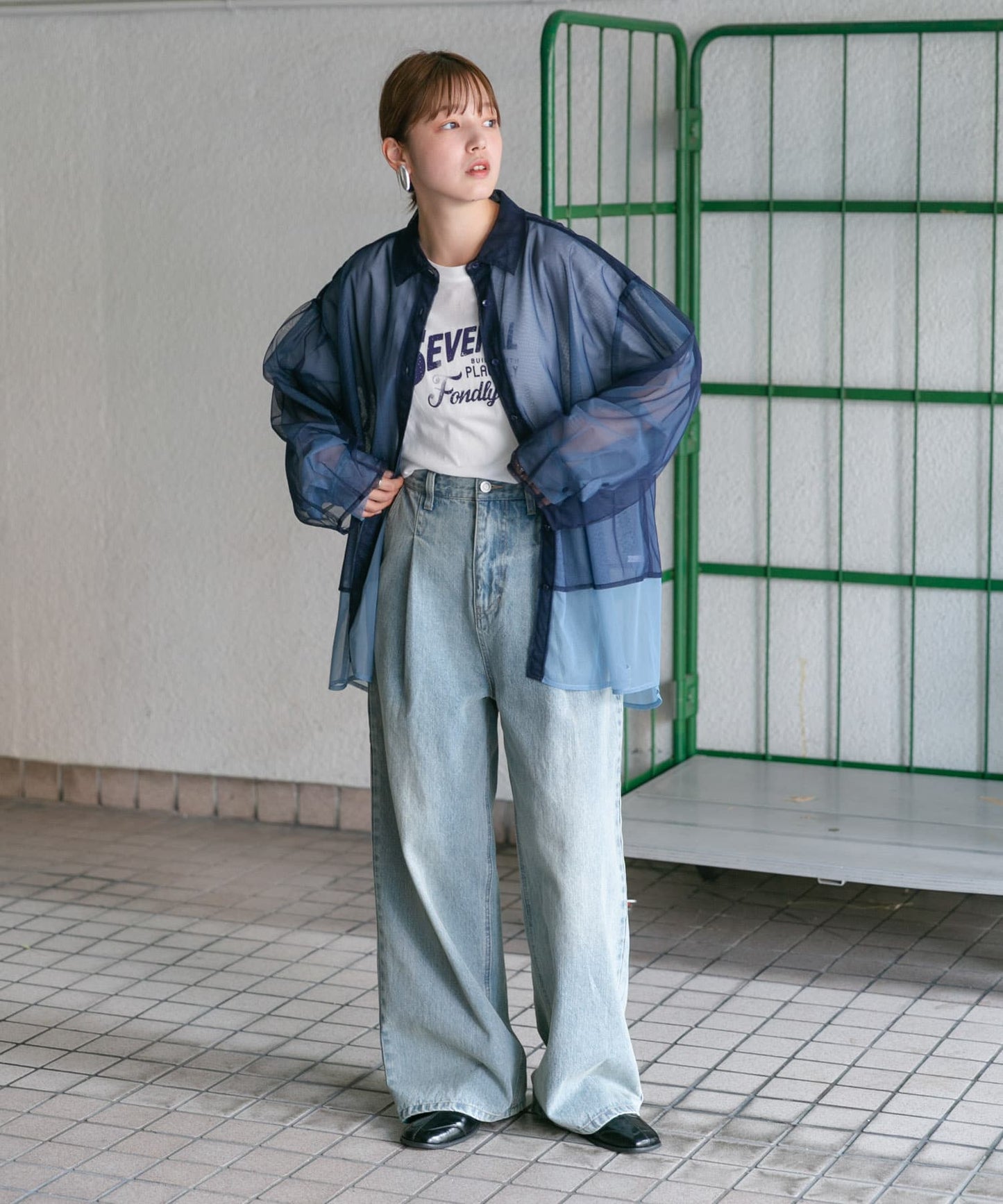 layered sheer shirt (navy x blue) *JP