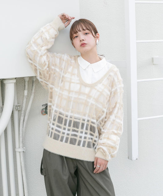 sheer check feather knit (light beige) *JP