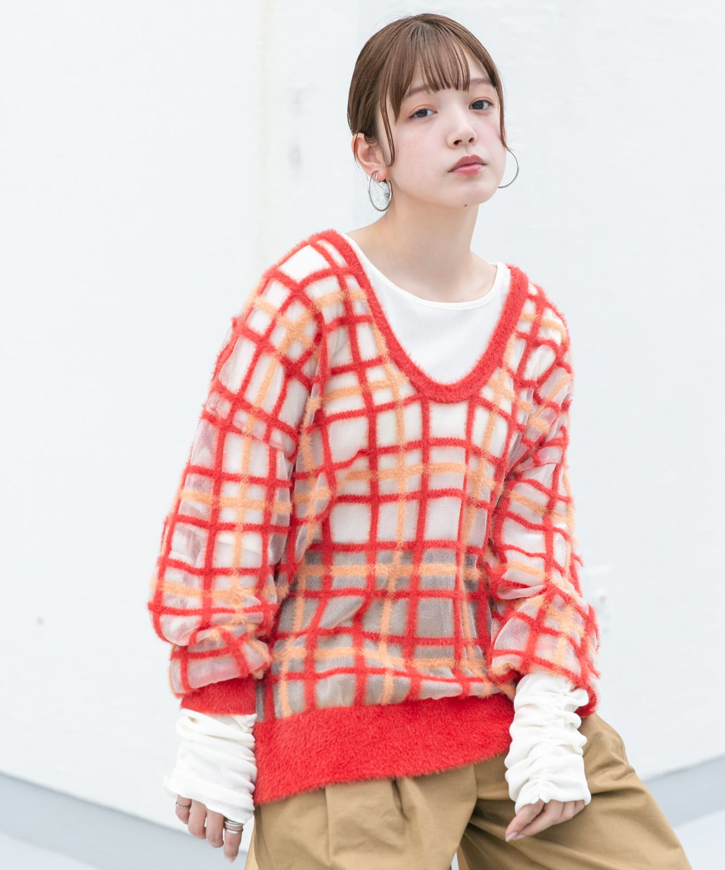 sheer check feather knit (orange) *JP