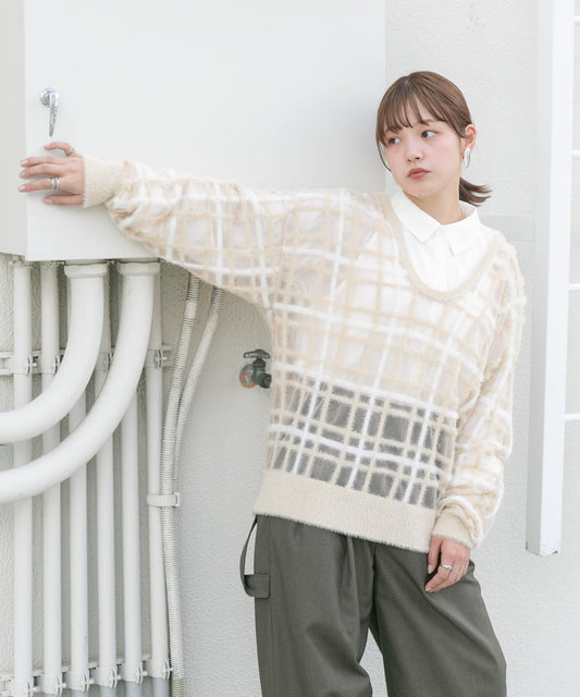 sheer check feather knit (light beige) *JP