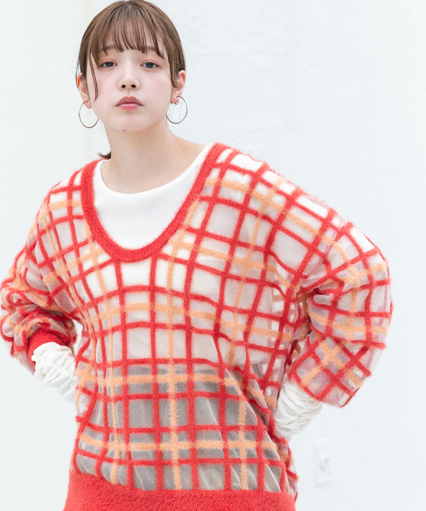 sheer check feather knit (orange) *JP