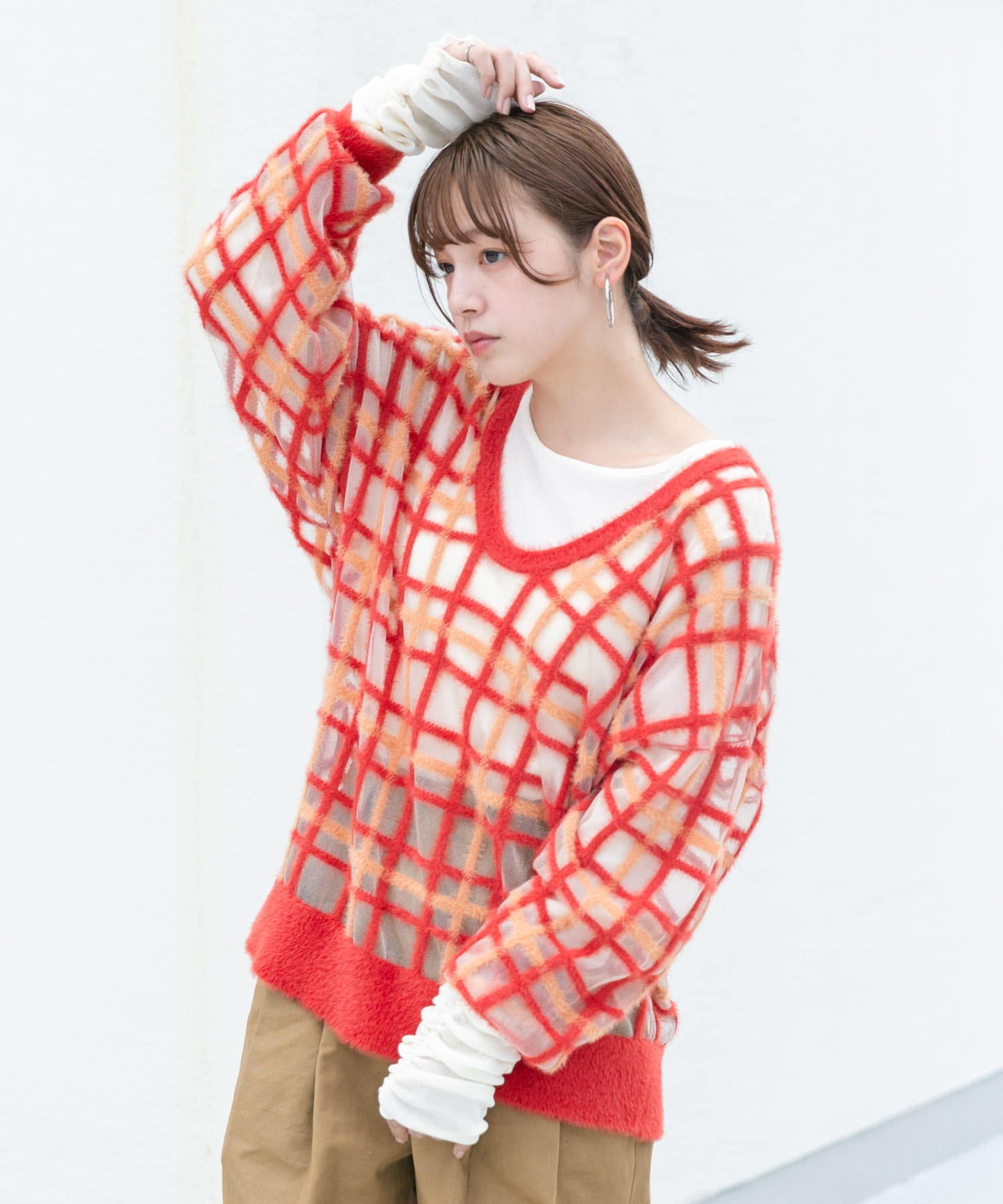 sheer check feather knit (orange) *JP