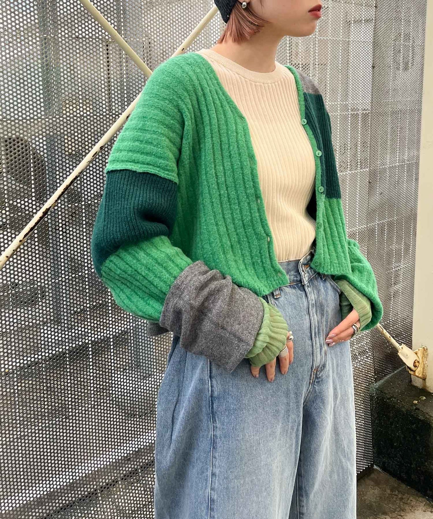 patchwork knit cardigan (green) *JP