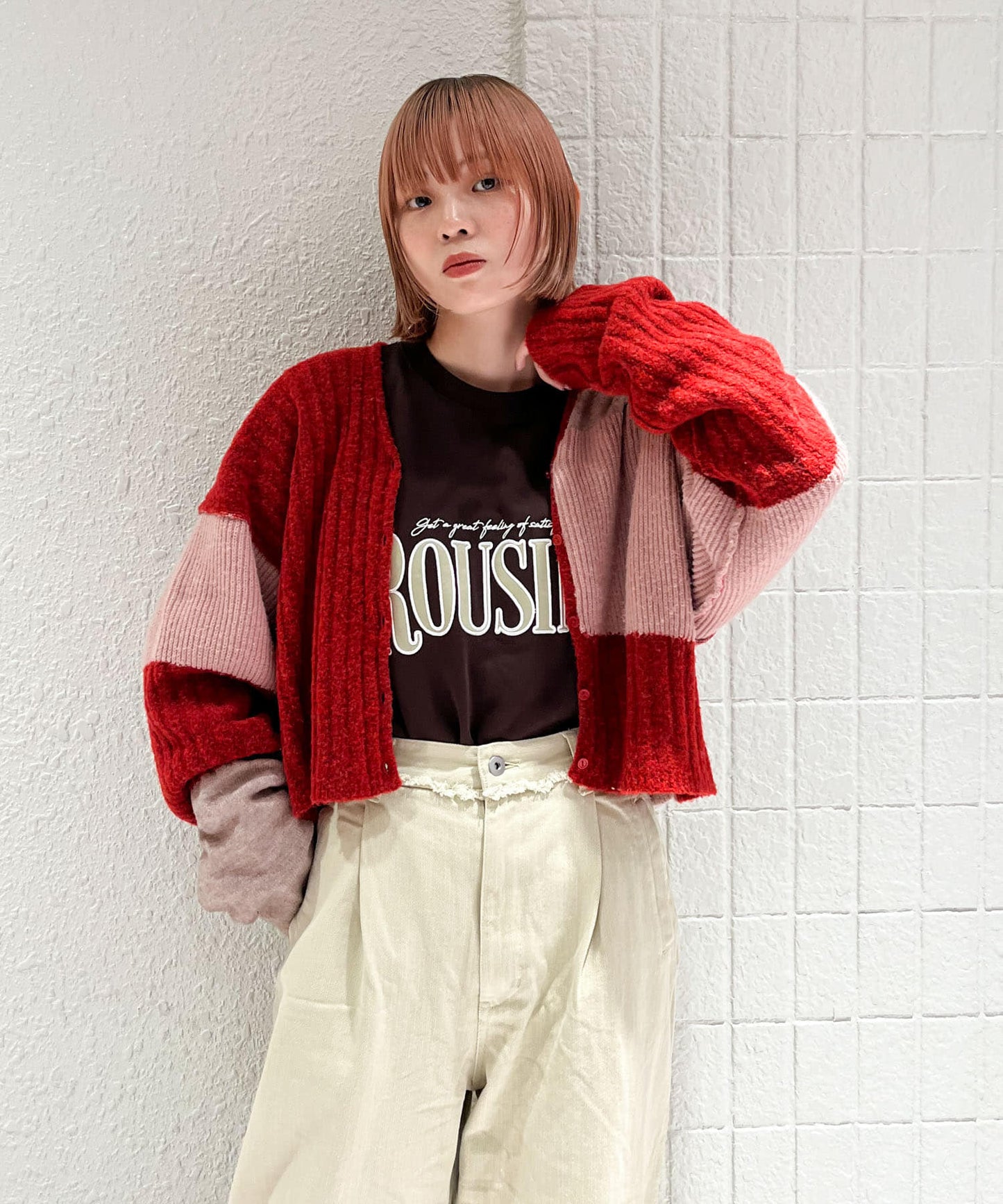 patchwork knit cardigan (red) *JP