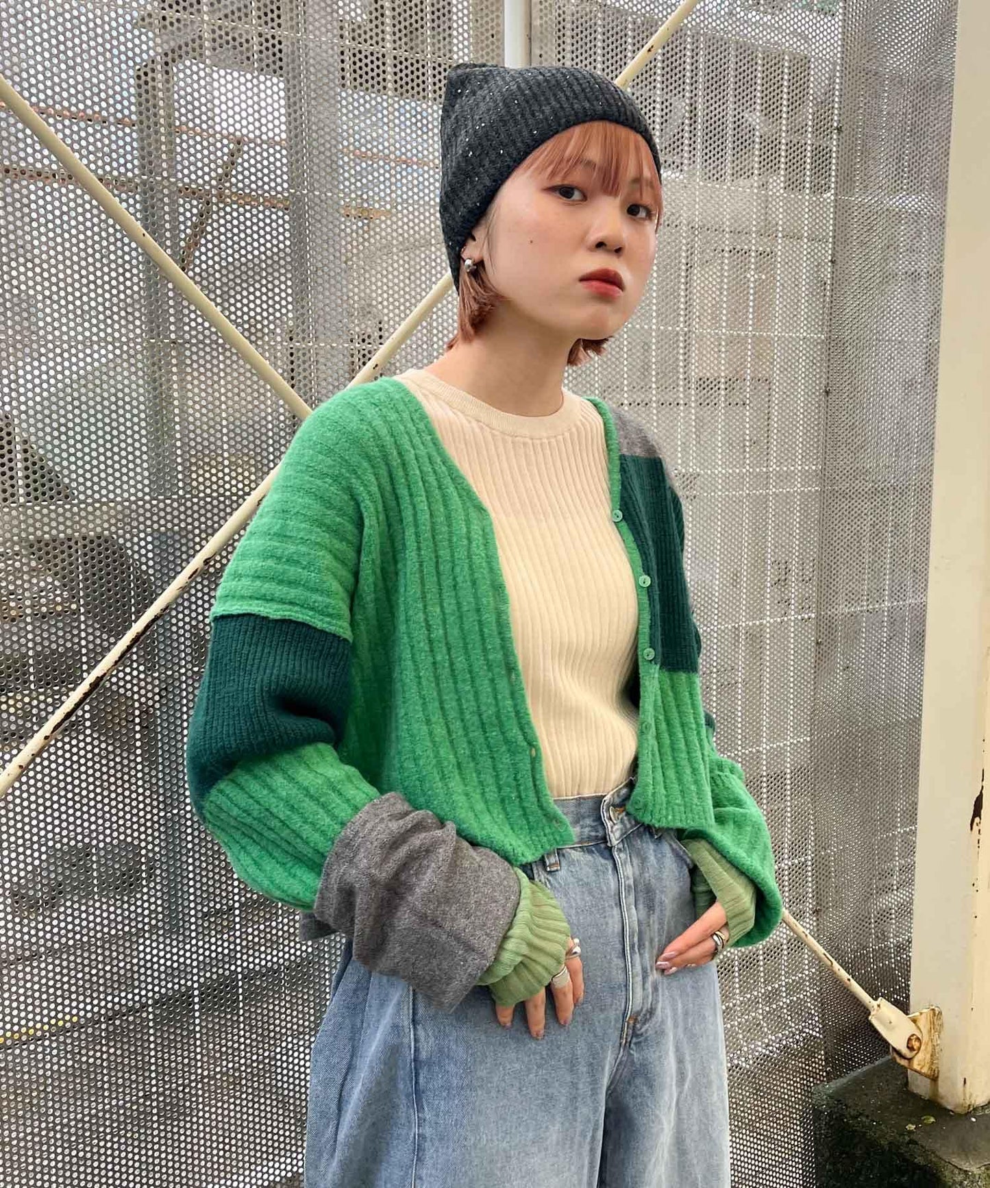 patchwork knit cardigan (green) *JP