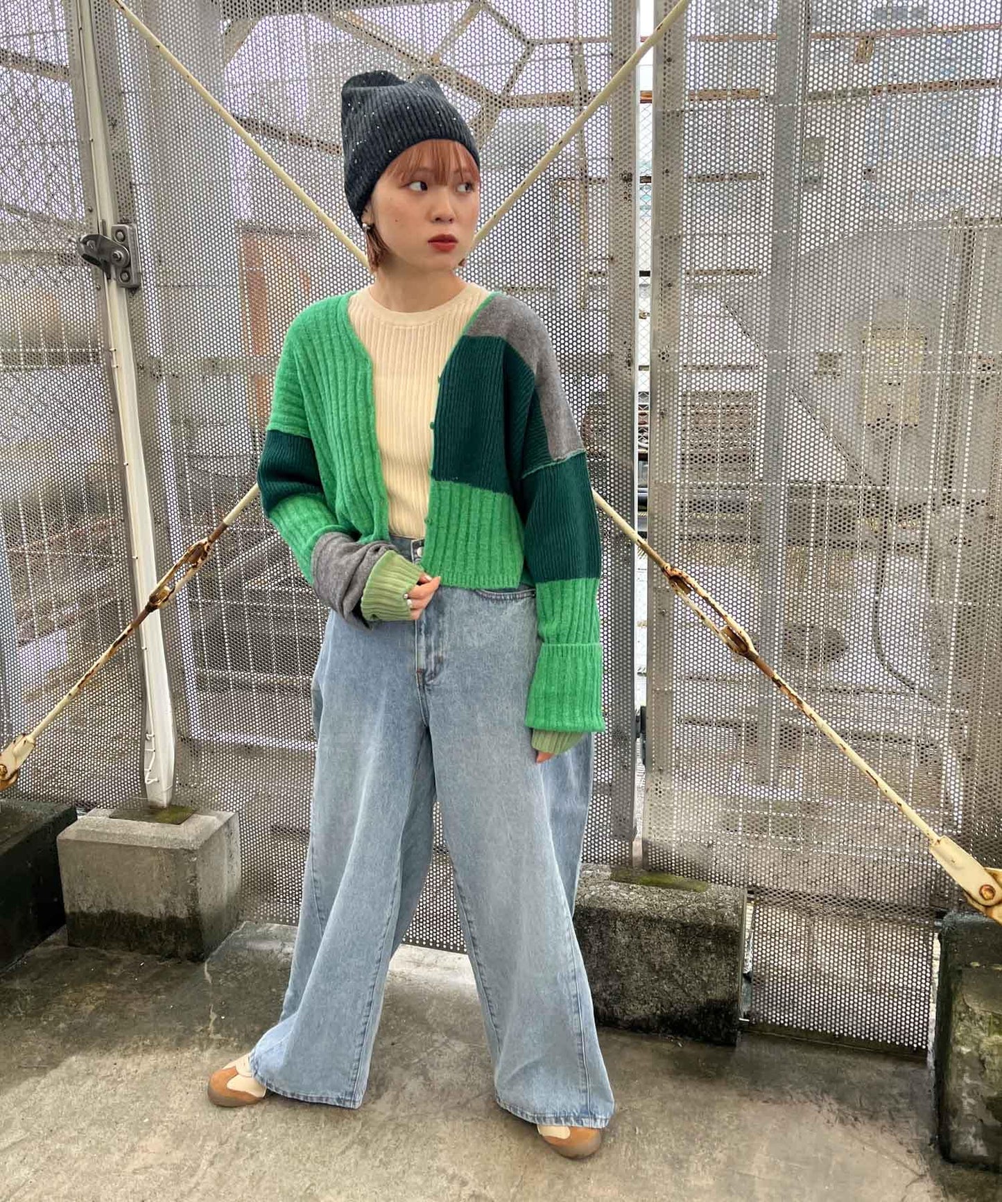 patchwork knit cardigan (green) *JP