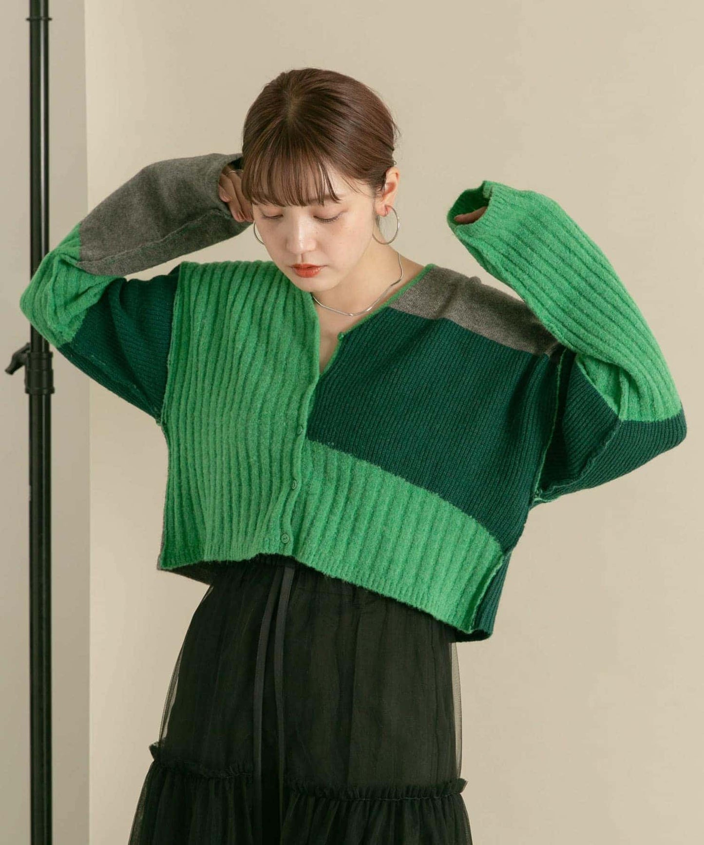 patchwork knit cardigan (green) *JP