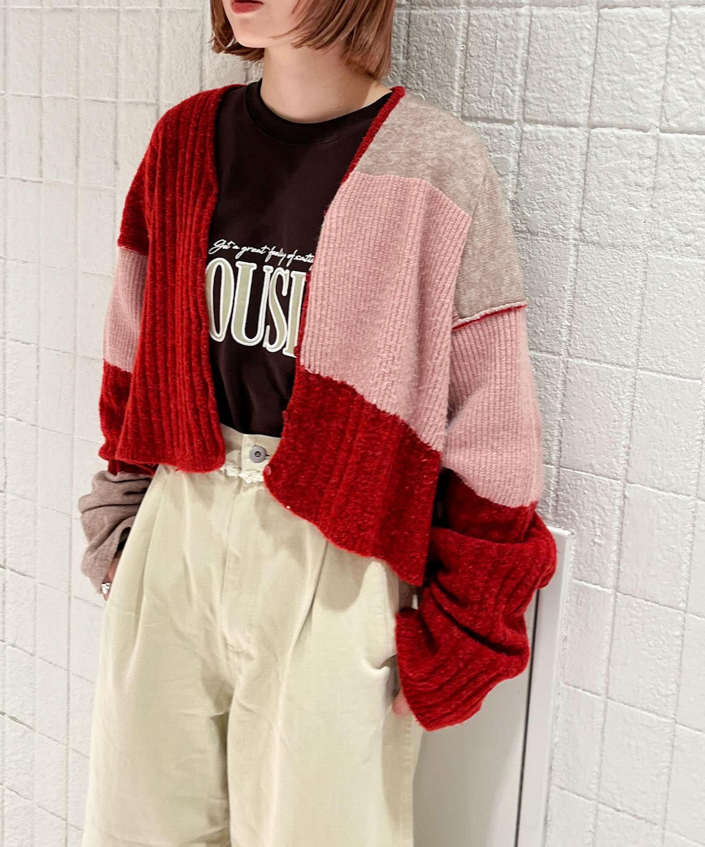 patchwork knit cardigan (red) *JP