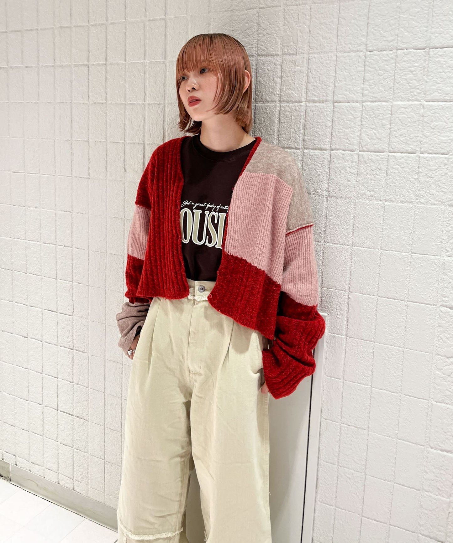 patchwork knit cardigan (red) *JP