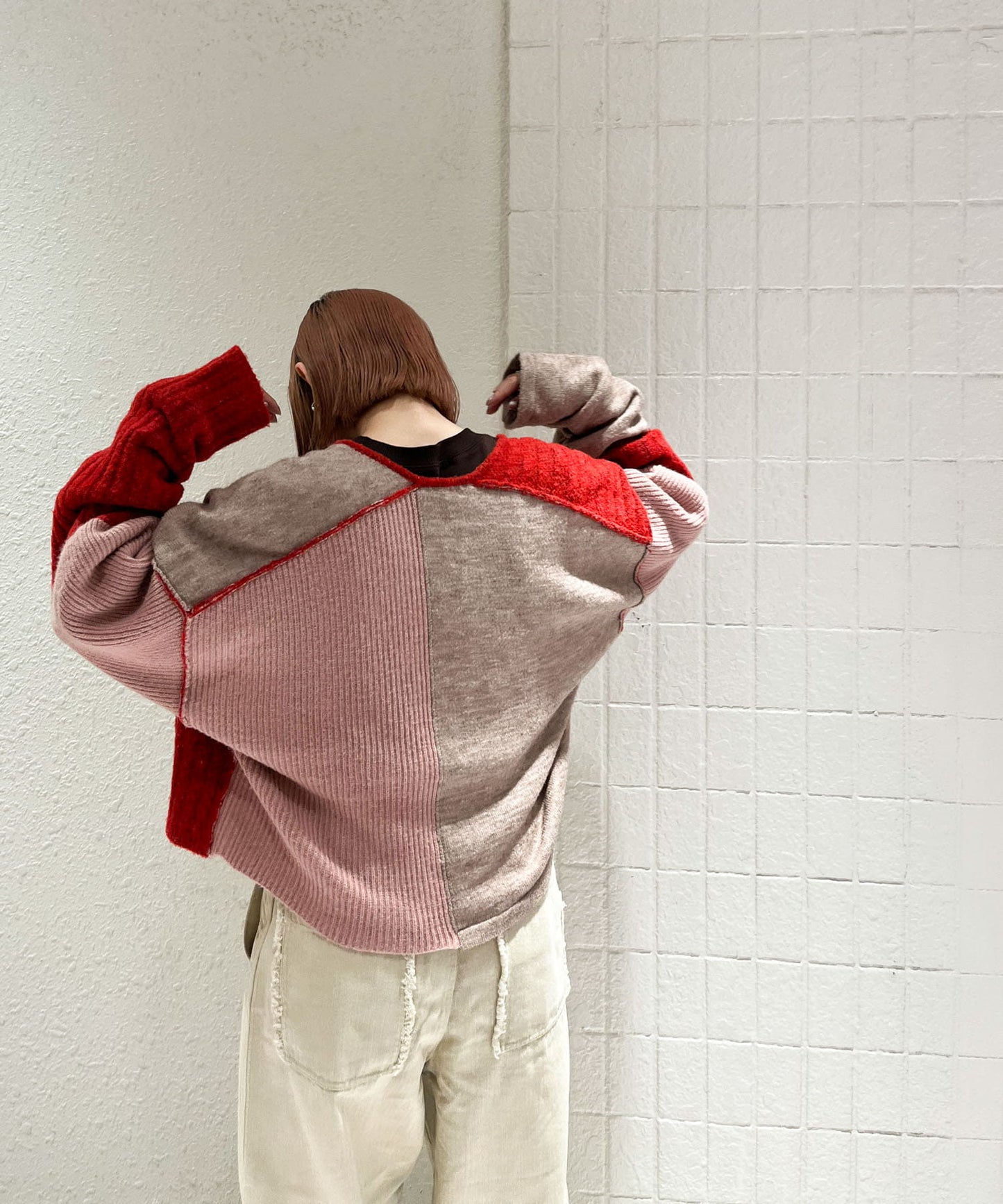 patchwork knit cardigan (red) *JP