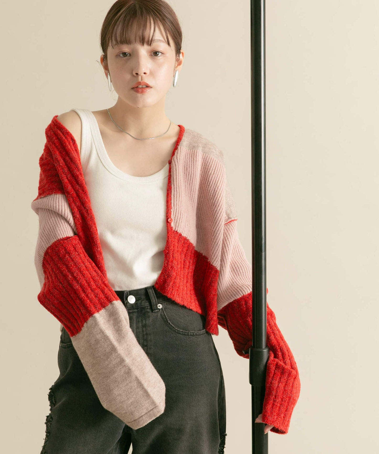 patchwork knit cardigan (red) *JP