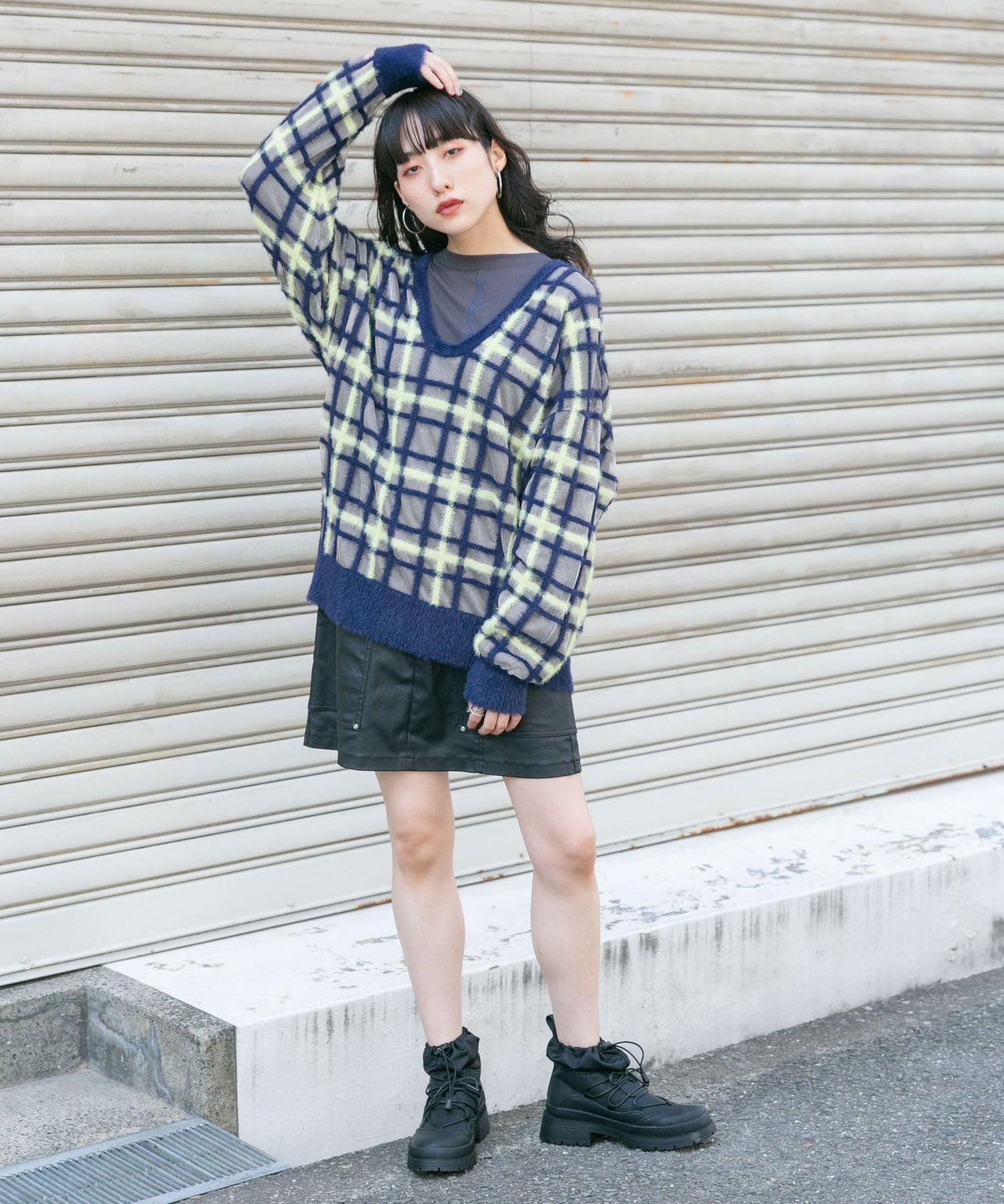 sheer check feather knit (navy) *JP