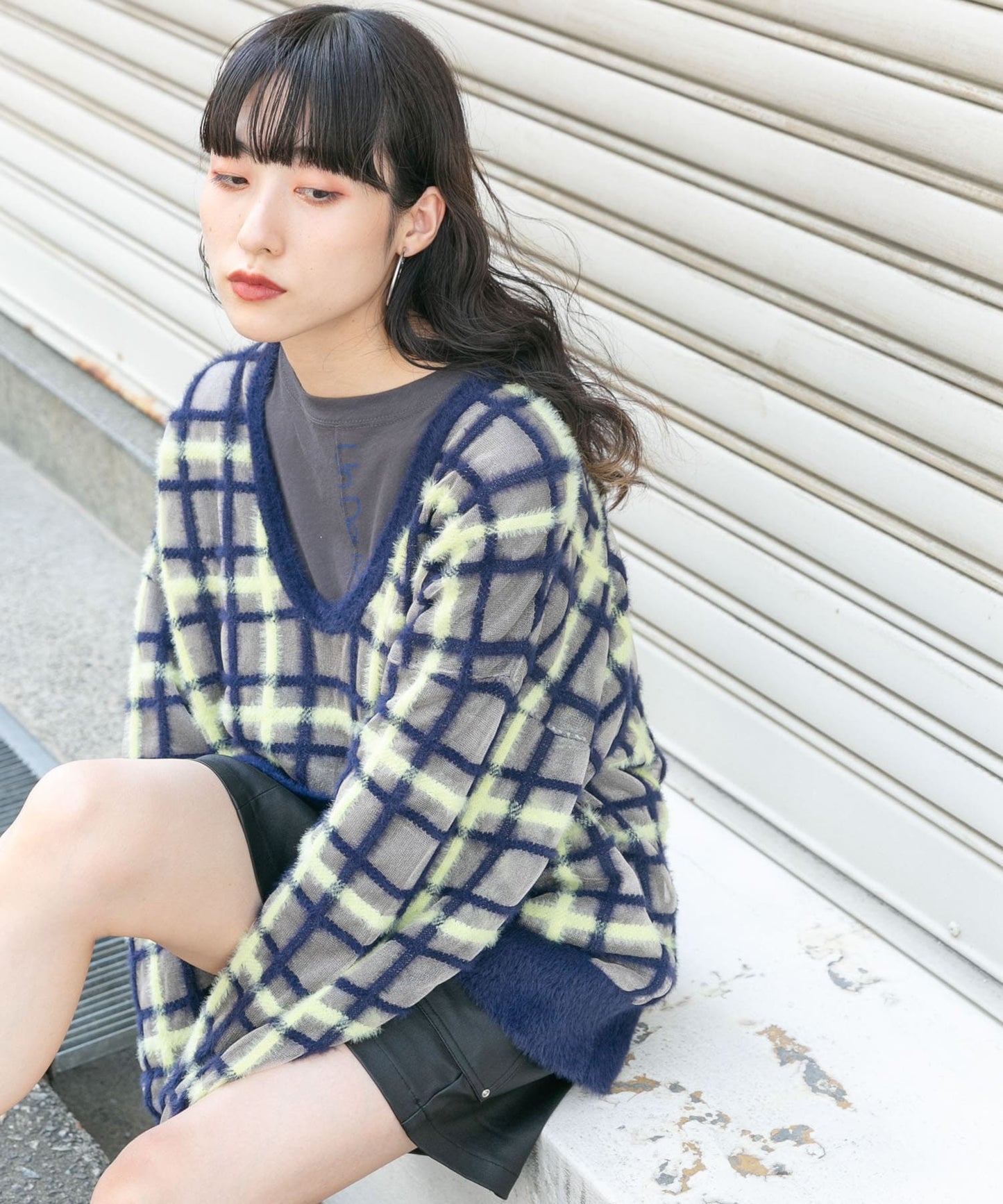 sheer check feather knit (navy) *JP