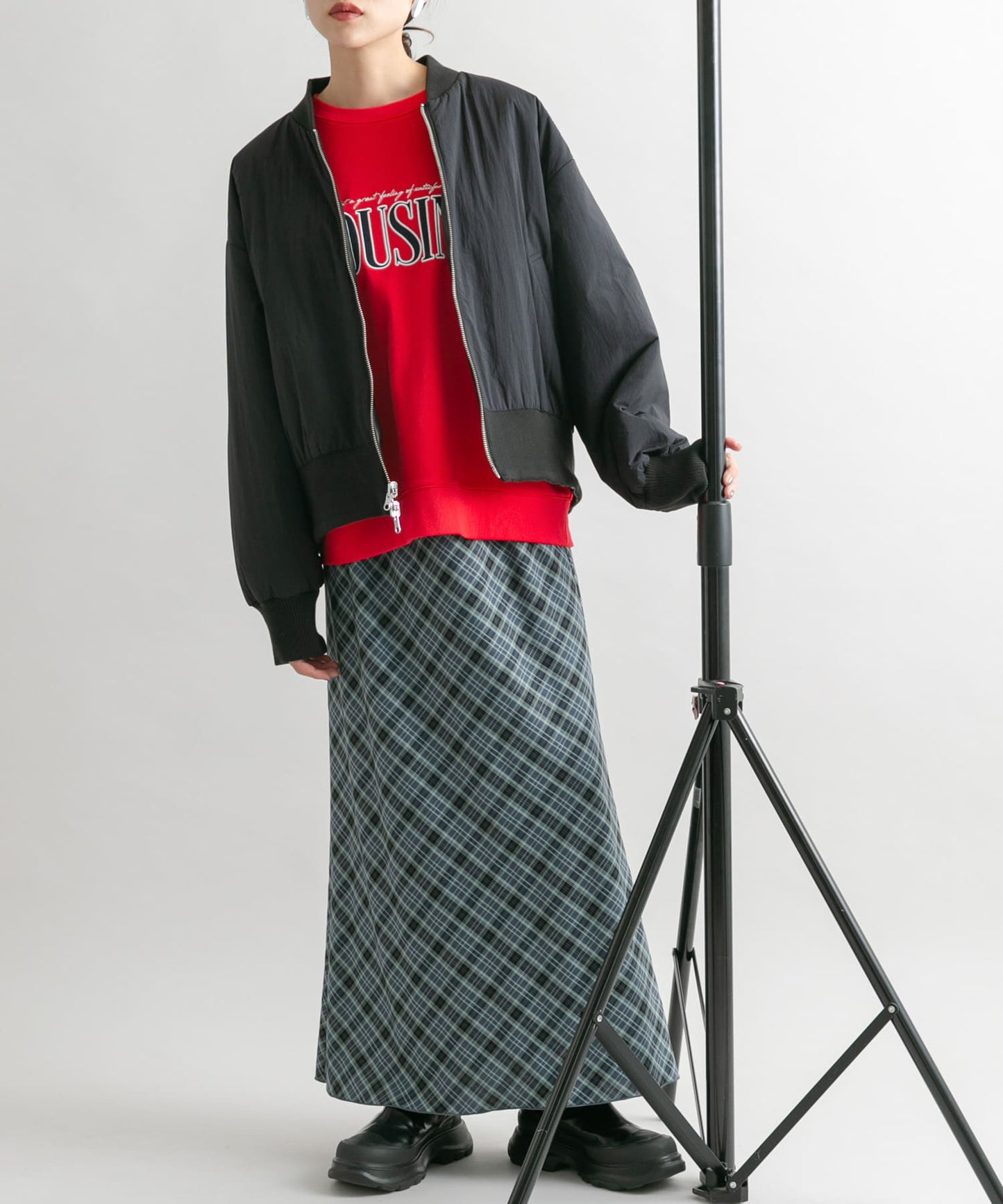 check narrow skirt (charcoal x blue) *JP