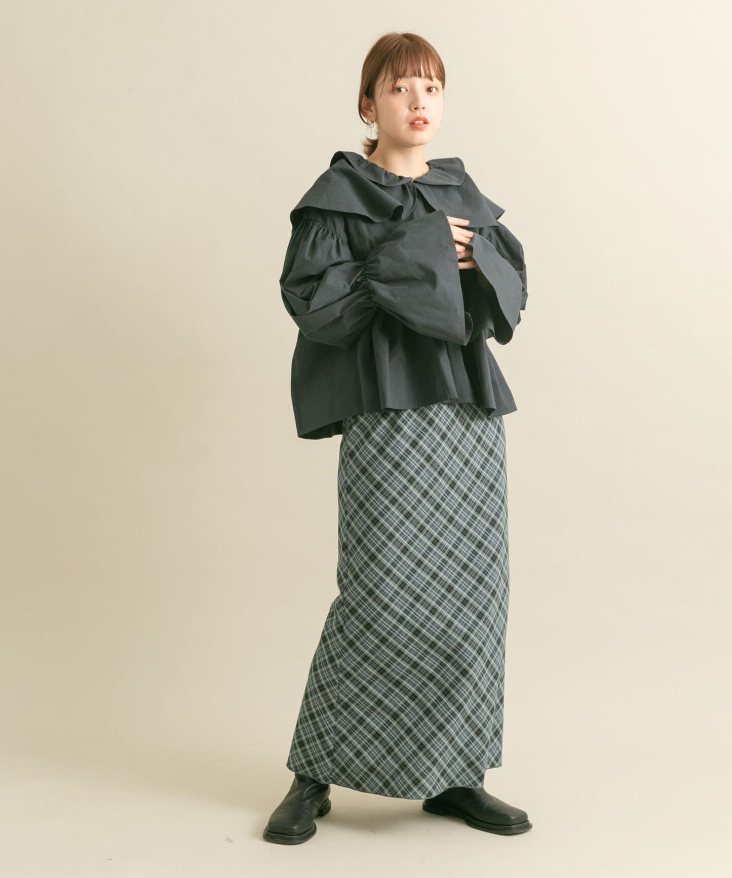 check narrow skirt (charcoal x blue) *JP