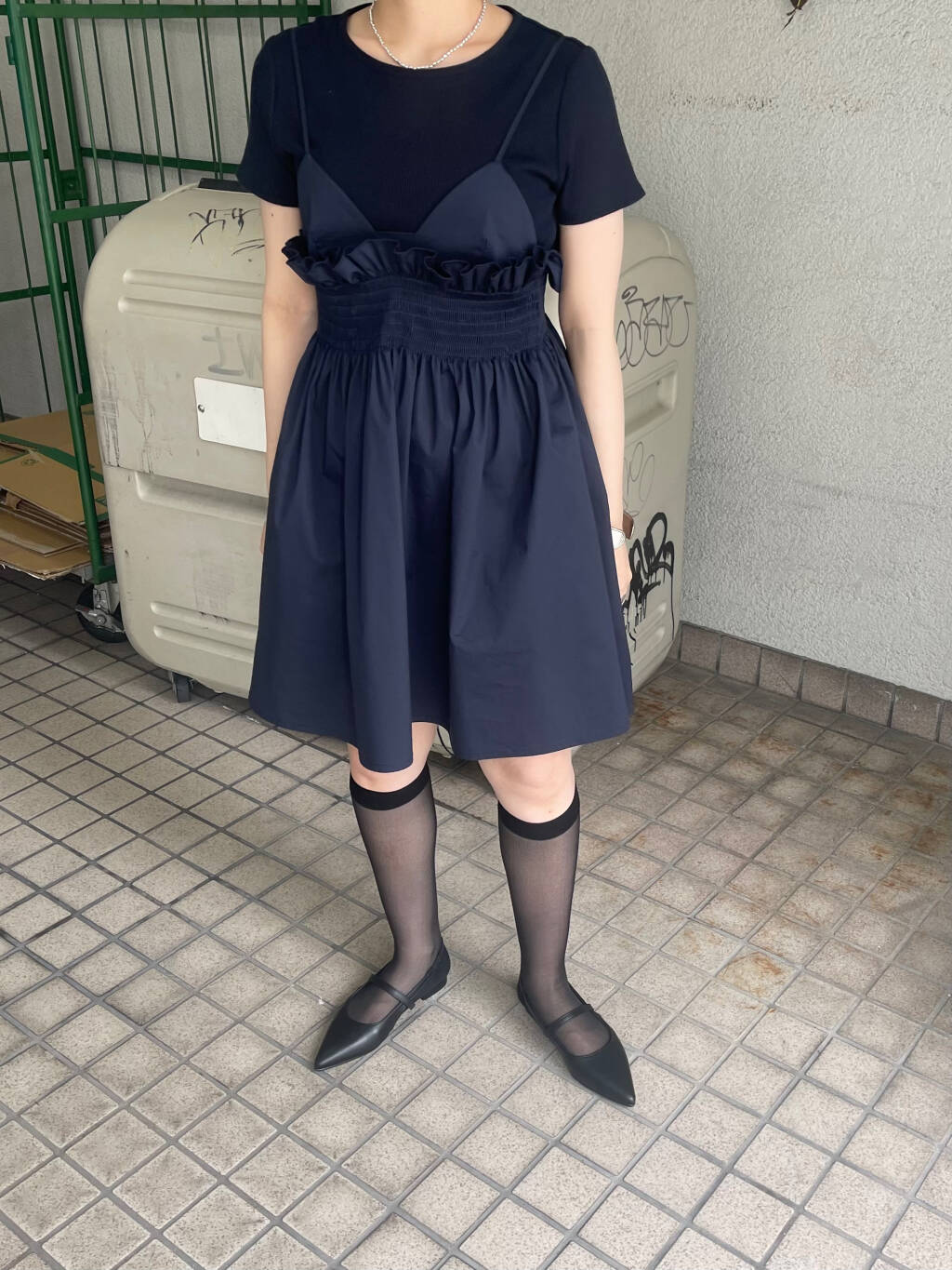 shirred mini dress (navy) *JP