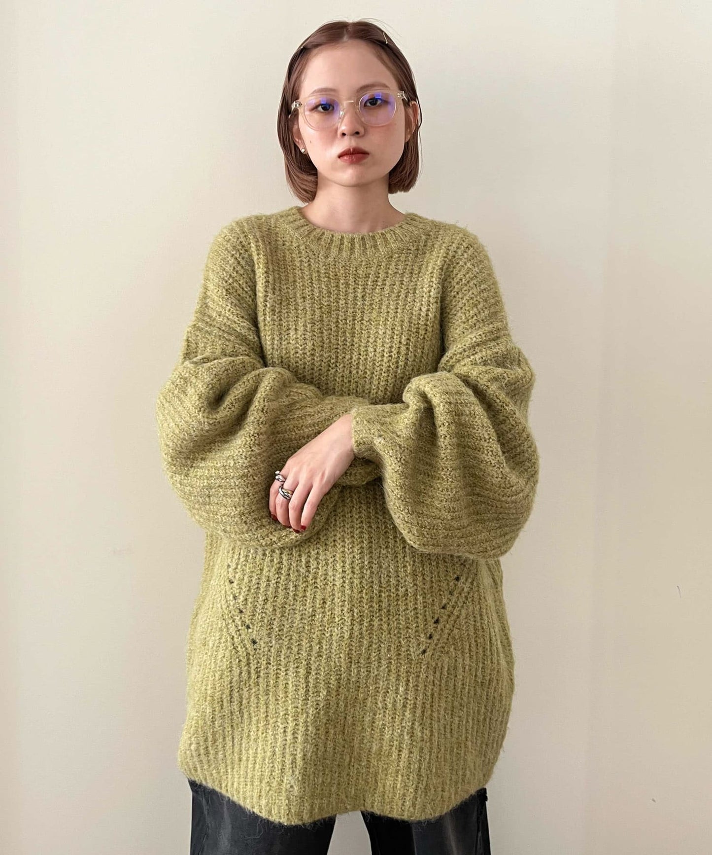 volume knit mini dress (pistachio) *JP