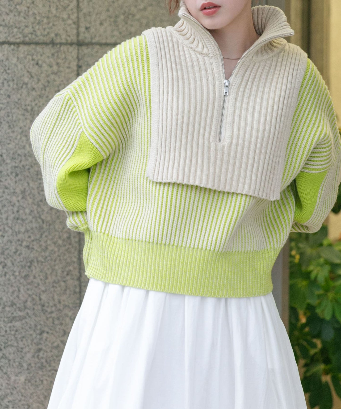 layered half zip knit (ivory x lime) *JP