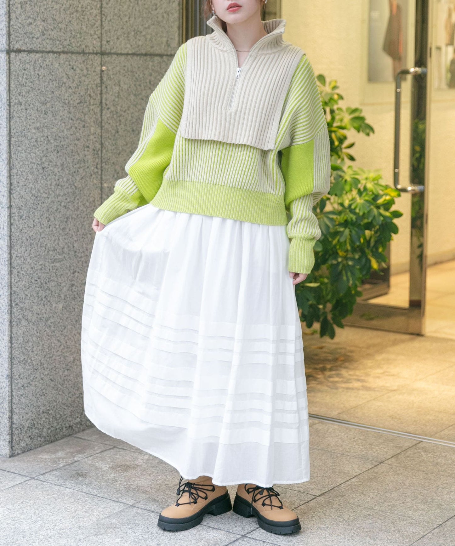 layered half zip knit (ivory x lime) *JP