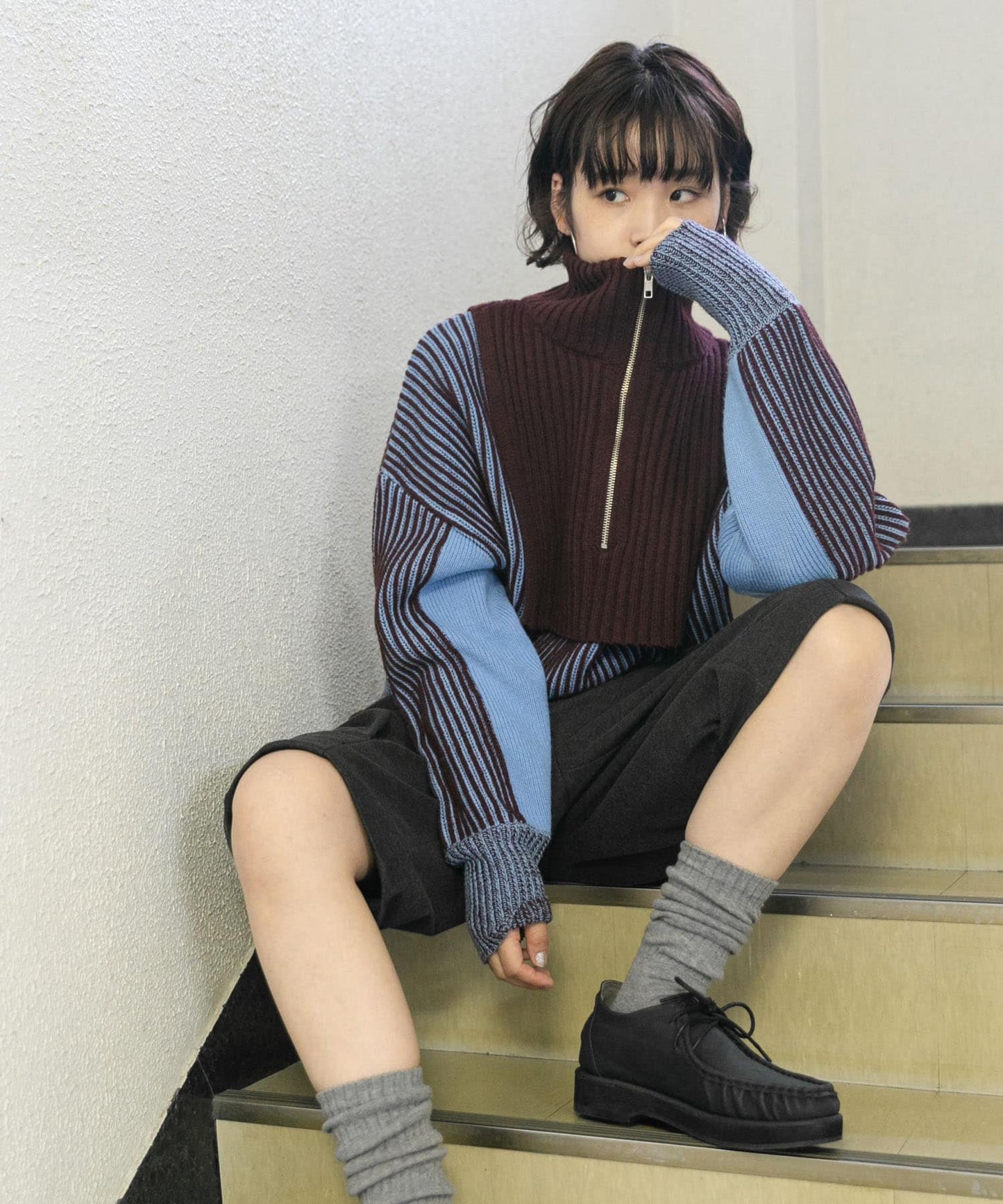 layered half zip knit (brown x blue) *JP