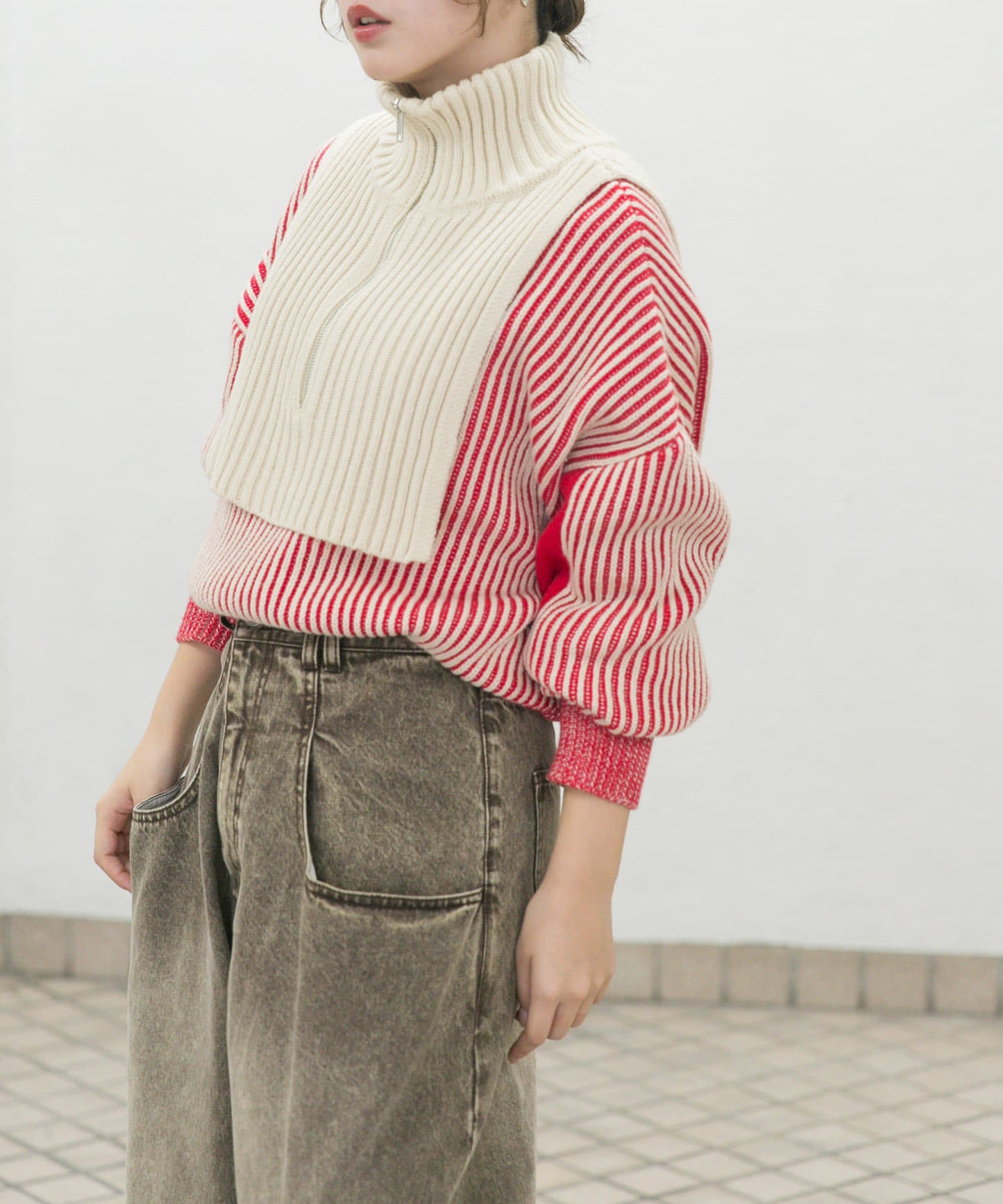 layered half zip knit (ivory x red) *JP