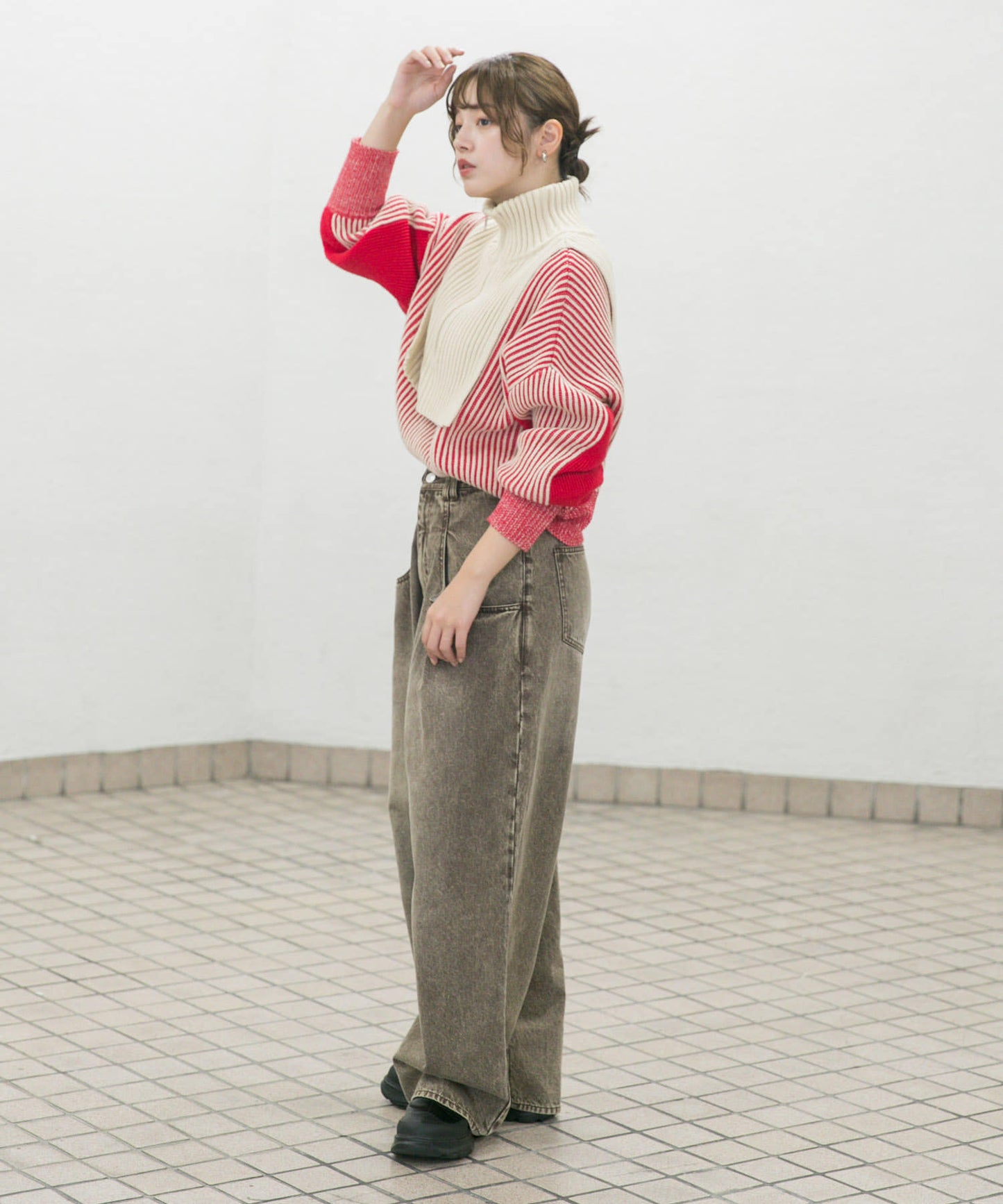 layered half zip knit (ivory x red) *JP