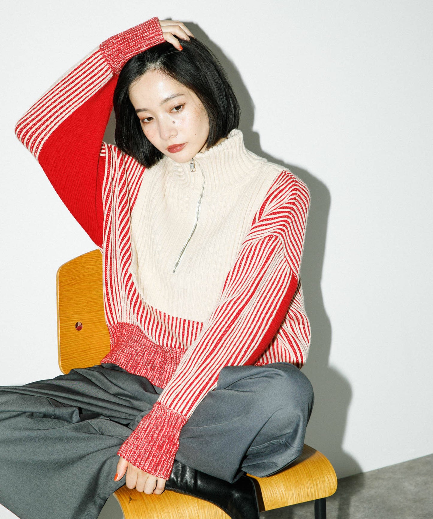 layered half zip knit (ivory x red) *JP