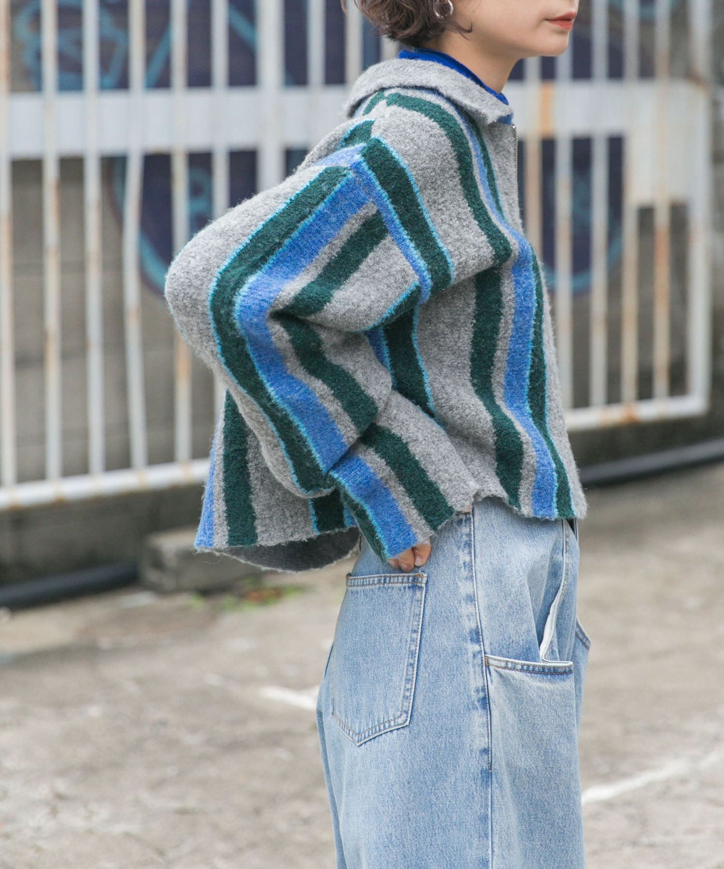 front zip striped cardigan (gray mix) *JP