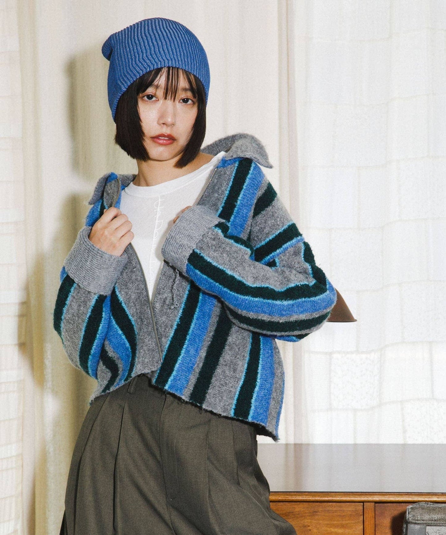 front zip striped cardigan (gray mix) *JP